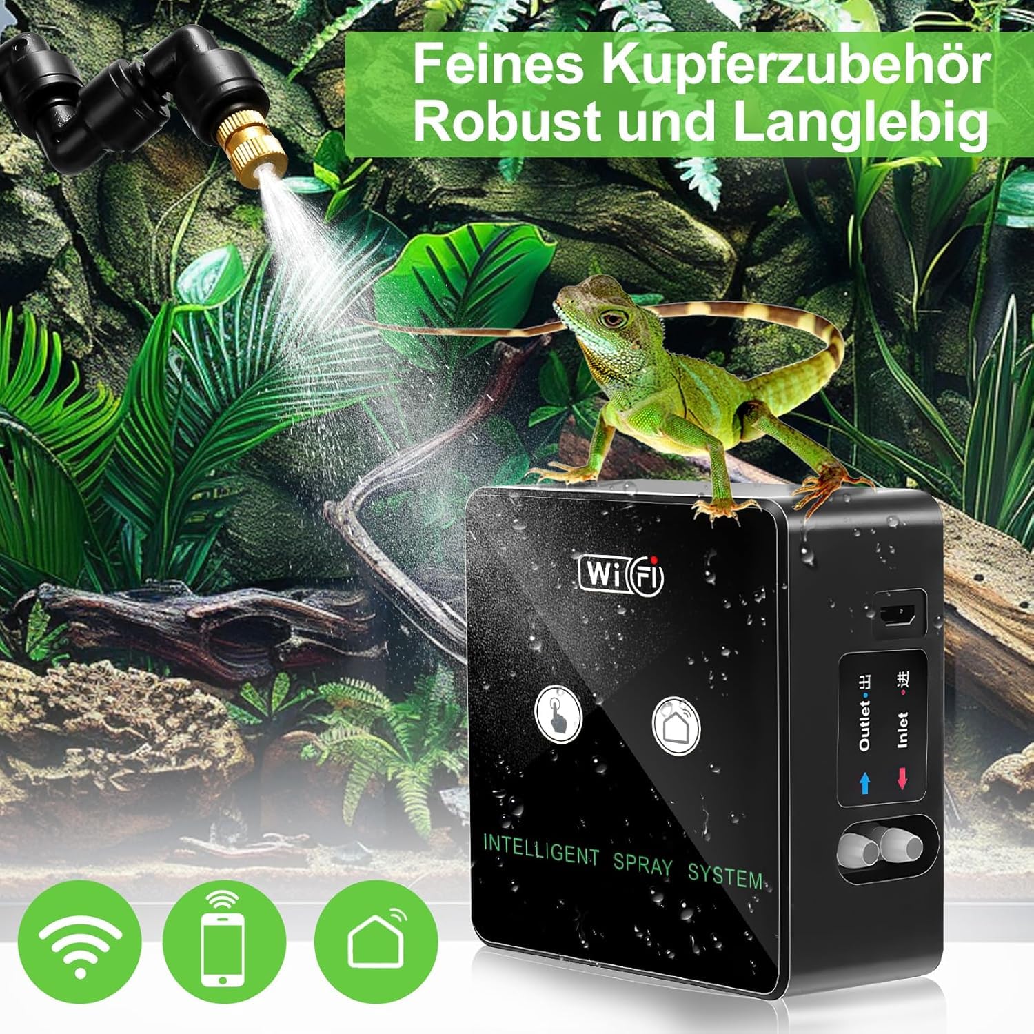 Humidificador de terrario, sistema inteligente de reptiles con boquillas de pulverización ajustables de 360°, temporizador y mando a distancia para teléfono móvil, funcionamiento automático