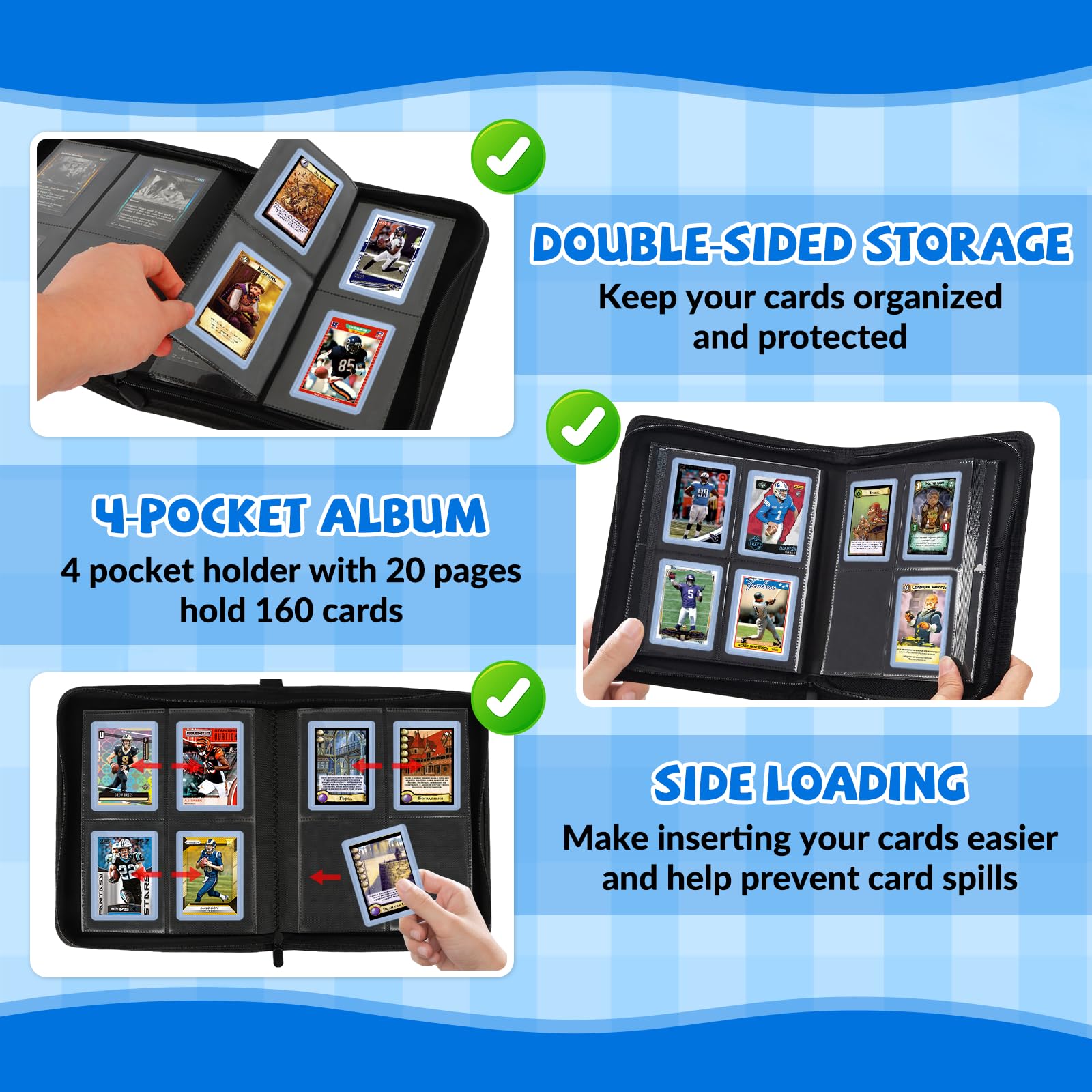AOBOPLE Toploader Binder 4 Pocket,160 Pockets Top Loader Binder for 3 x 4 Inch Card Waterproof PU Top Loaders Card Binder Fit for MTG TCG Football Photo Cards Sports Cards - Image 3
