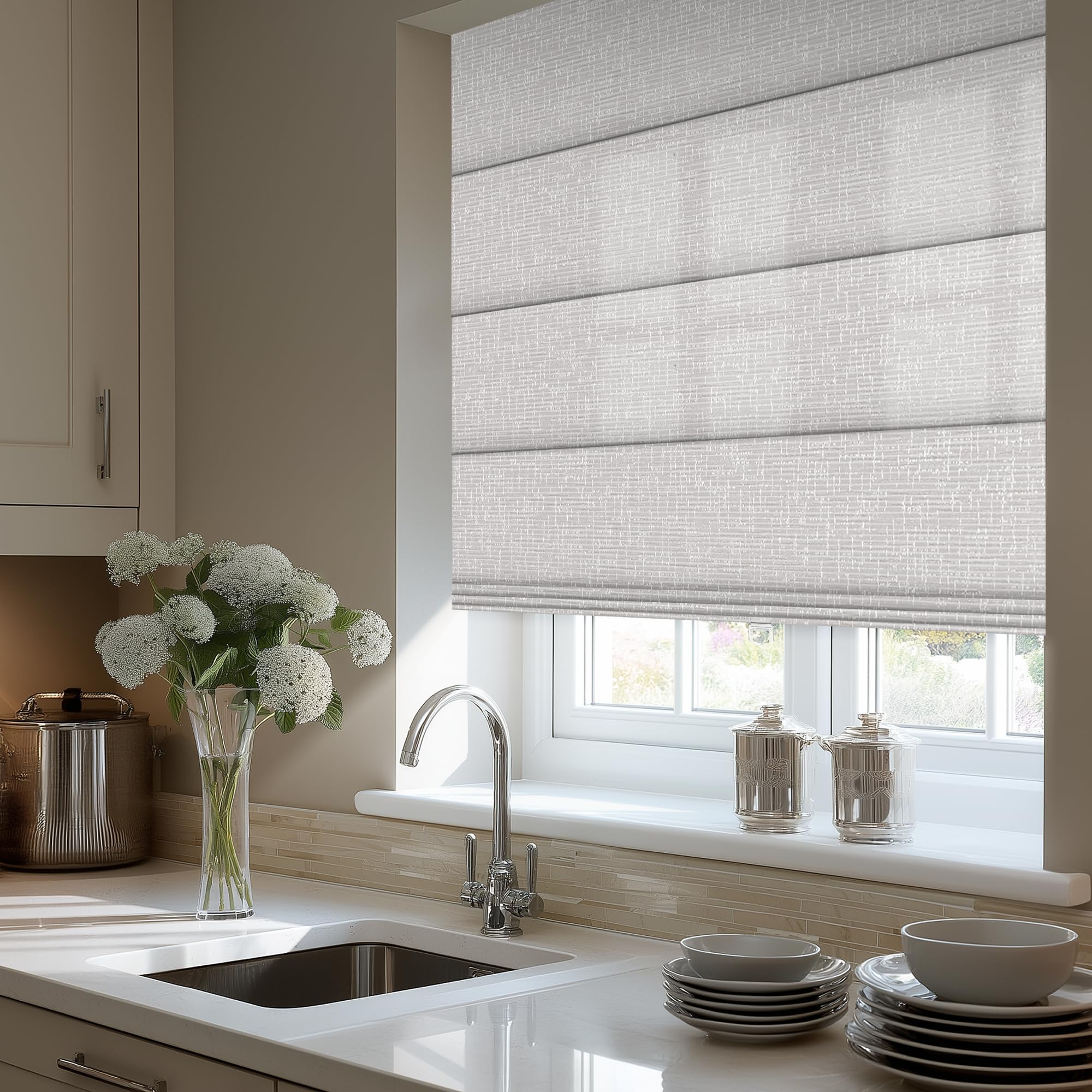 Sulugood Cordless Roman Shades for Windows - Sheer Gray, Light Filtering Roman Shades Fabrics, Roman Blind for UV Protection Thermal Insulation for