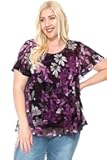 Women’s Plus Size Round Neck Short Sleeve Printed Mesh Ruffle Top (1X-5X) (2X, Burgundy Floral)