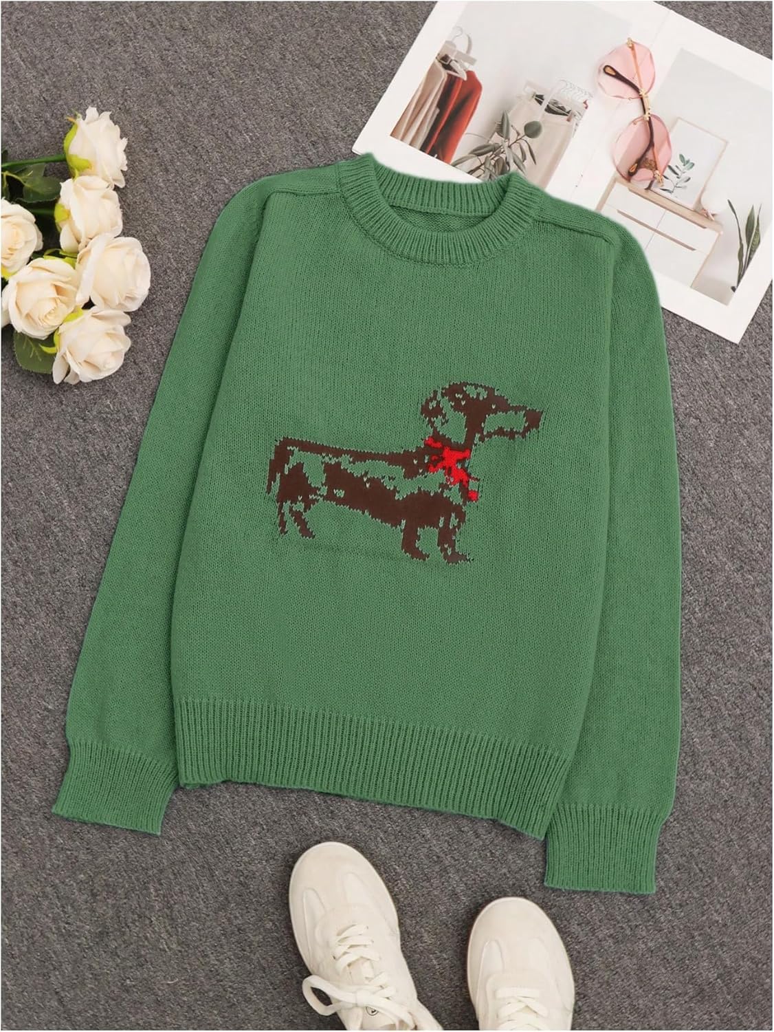 SweatyRocks Women's Cute Dog Graphic Long Sleeve Sweater Casual Crew Neck Loose Knit Pullover Tops - Image 4