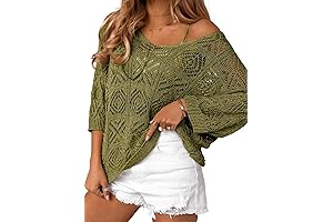 Women's 2024 Spring Summer Crochet Hollow Out 3/4 Sleeve Pullover Sweater Off Shoulder T-Shirts