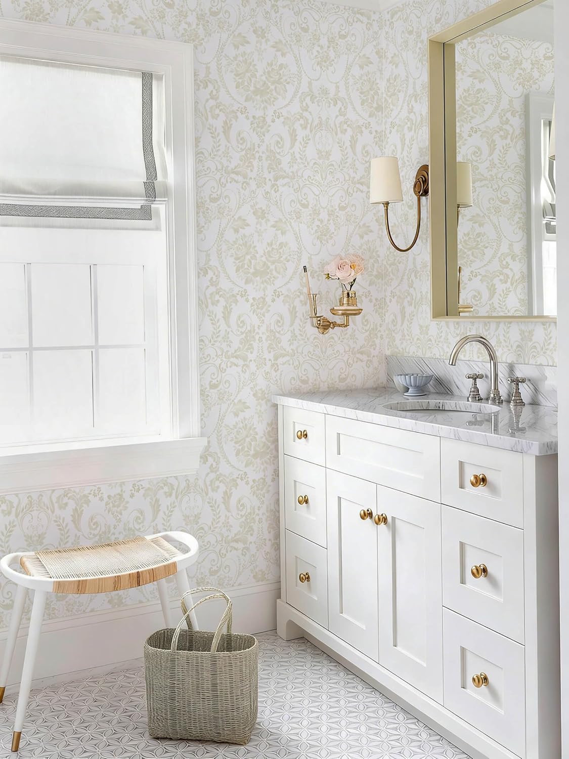 Beige Wallpaper Floral Peel and Stick Wallpaper Vintage Wall Paper Peel and Stick Modern Damask Watercolor Contact Paper for Bathroom Kitchen Self-Adhesive Vinyl Waterproof 393"×17.3"