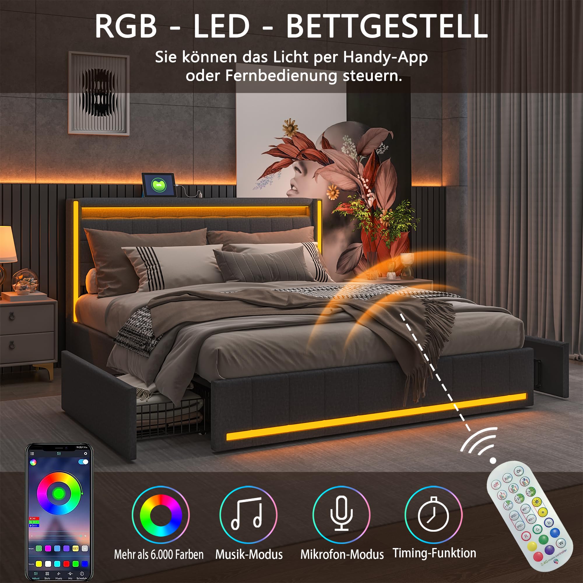 Cama Matrimonio 140x200 con 4 Cajones de Hierro, LED en Cabecero y Pie, USB Largo, Gris Oscuro, Cama con Almacenaje, Base Tapizada, Resistente Somier 140, Tela de Lino, Dormitorio