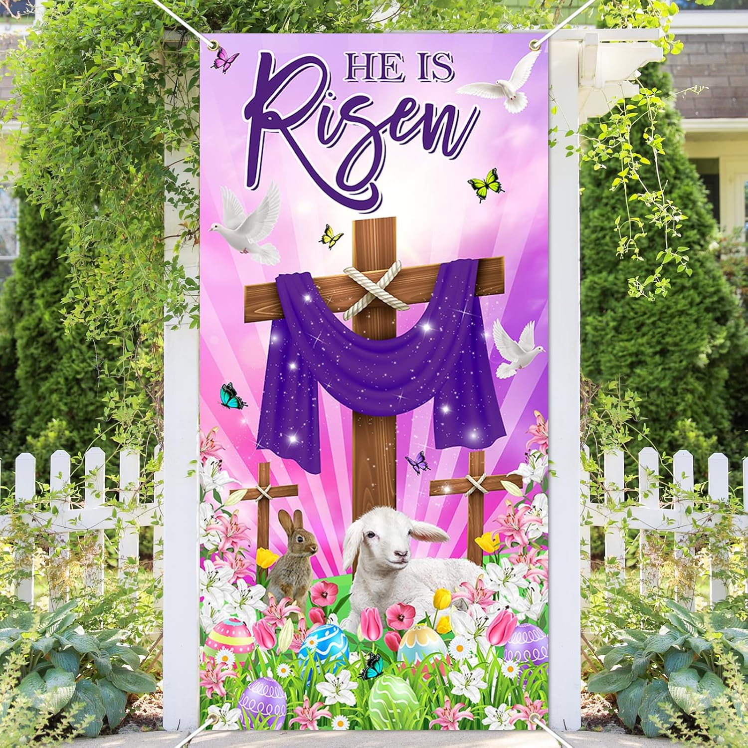 He Is Risen Banner 6x3 ft Purple Religious Cross Easter Door Cover Lily Bunny He Has Risen Backdrop Christian Door Decorations Photo Props