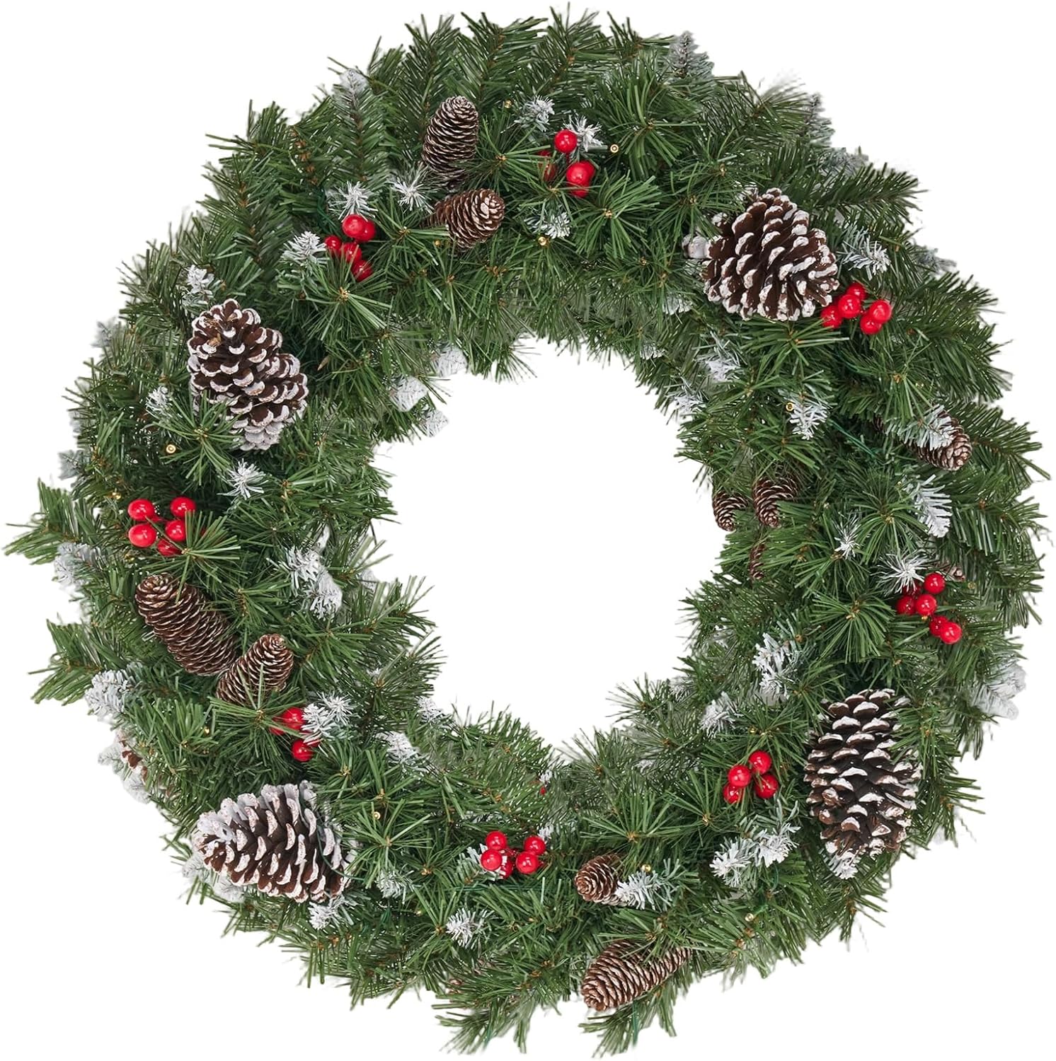 Christmas Wreaths for Front Door, 27 Inch Christmas Wreaths, Christmas Wreath with Lights, Outdoor Large Christmas Wreath, Prelit Christmas Decor with Pine Cones, Pine Needles,Red Berries Green