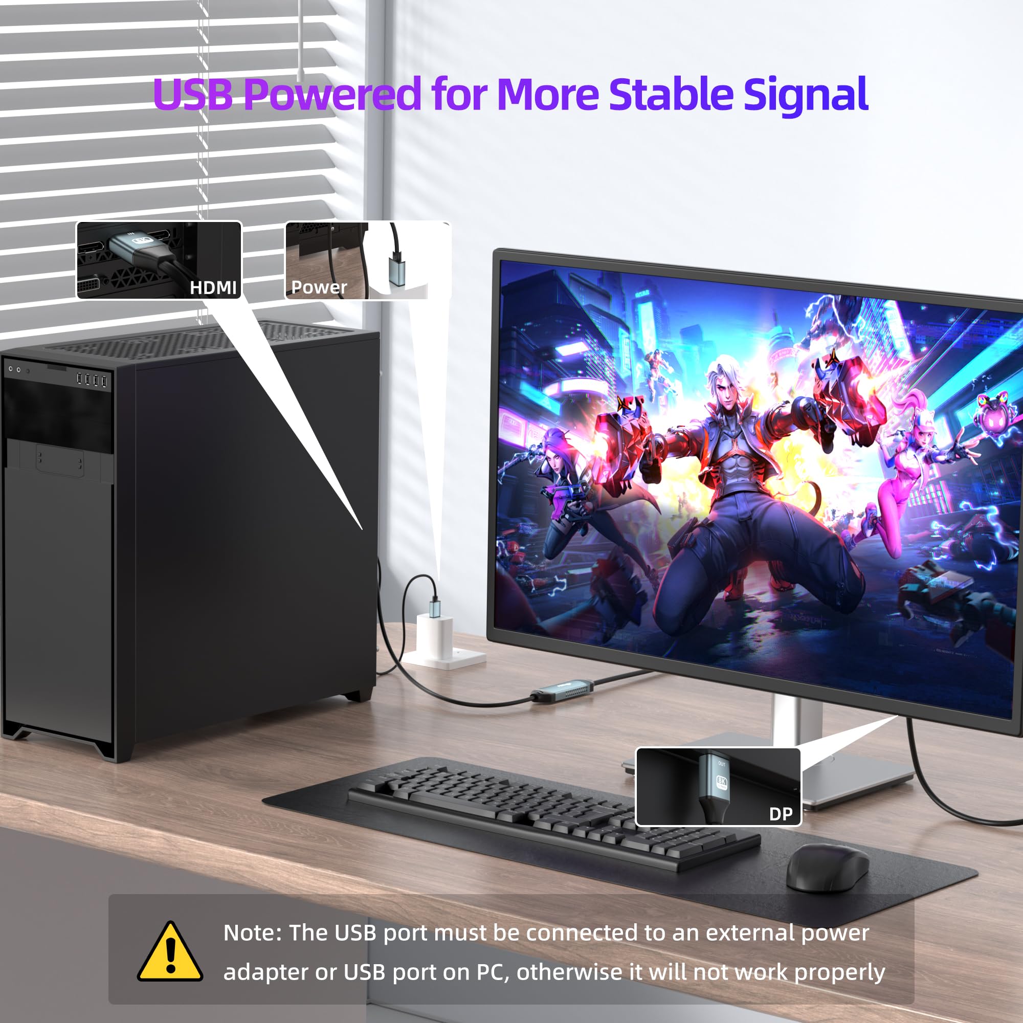 fairikabe Adaptateur HDMI vers DisplayPort 8K@60Hz, 4K@144Hz / 4K@120Hz / 2K@240Hz, 1.5M — Convertisseur de source HDMI vers moniteur DP, pour PS5, Xbox Series X, PC Gamer