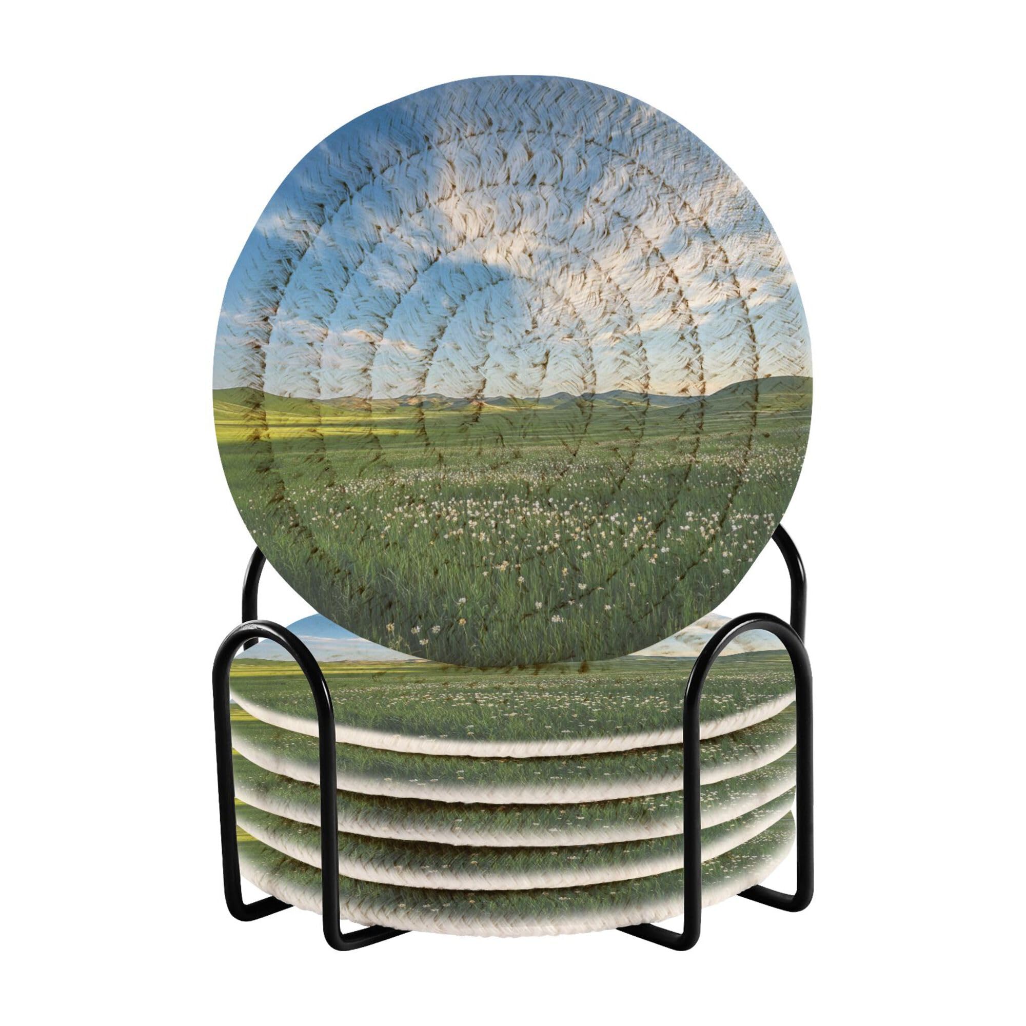 Smazdfxx Women's As Pic Grassland Morning Hulunbuir Cotton Rope Coasters Set With Holder 6 Pack Table Cup Coasters