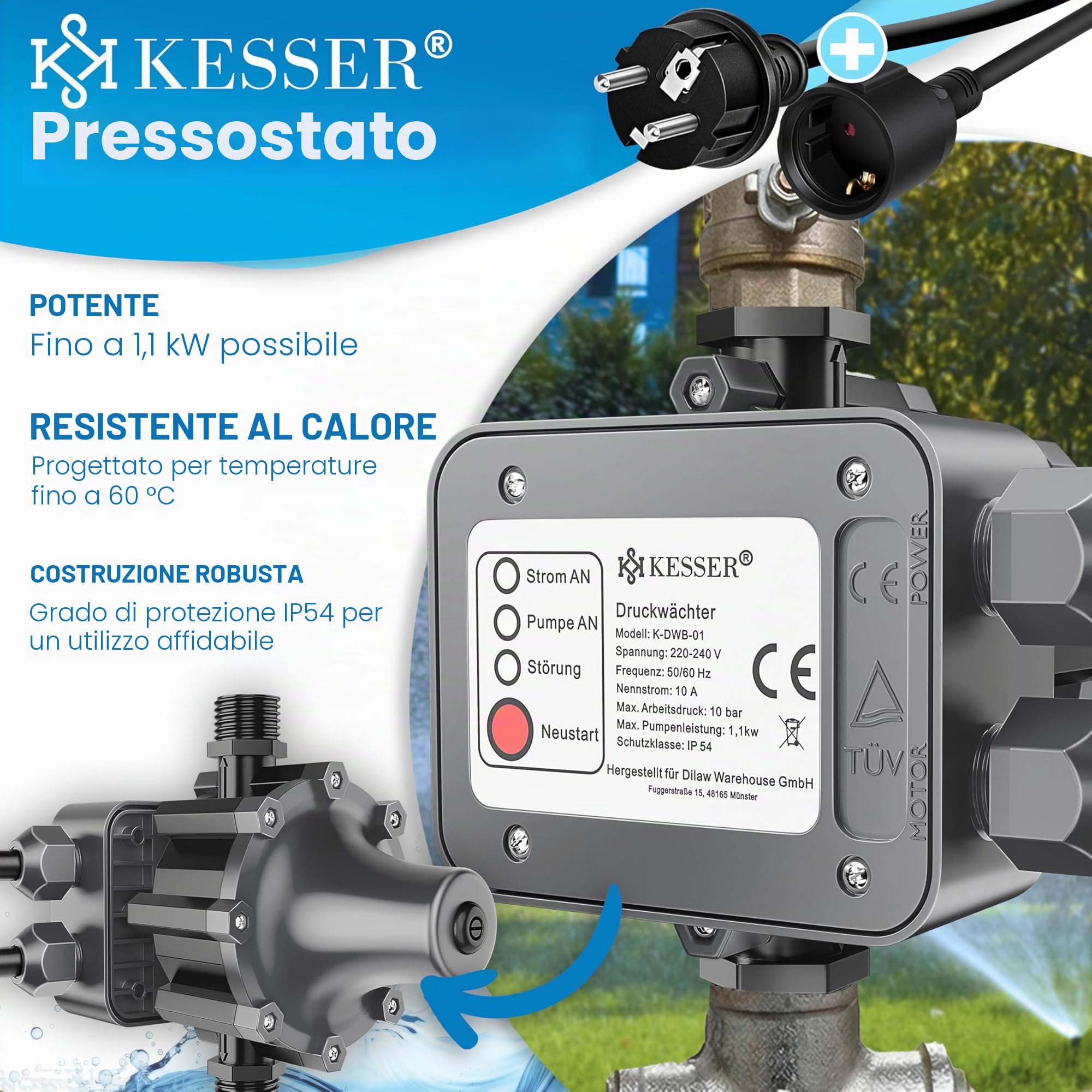 KESSER® Pressostato Interruttore di pressione, 10 bar, controllo pompa, impianto idraulico domestico, irrigazione giardino, con cavo, pressione dell'acqua costante