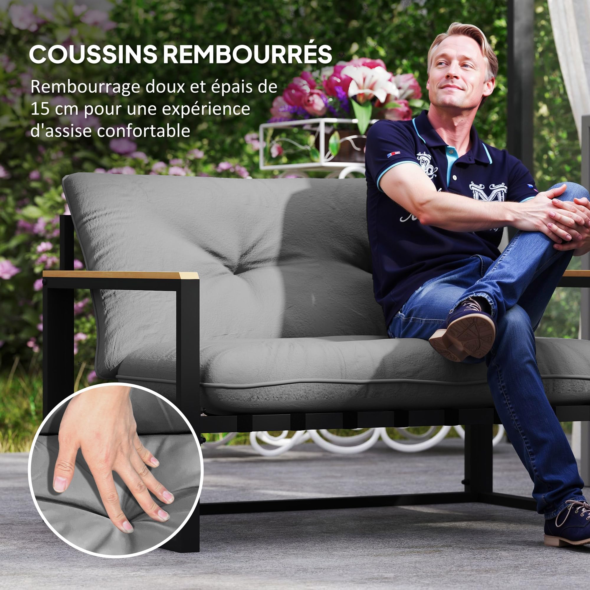 Outsunny Salon de Jardin extérieur 4 Personnes, 4 pièces avec canapé, 2 fauteuils et Table Basse en Verre trempé, Coussins Inclus, mobilier de Jardin Patio Balcon terrasse, Gris