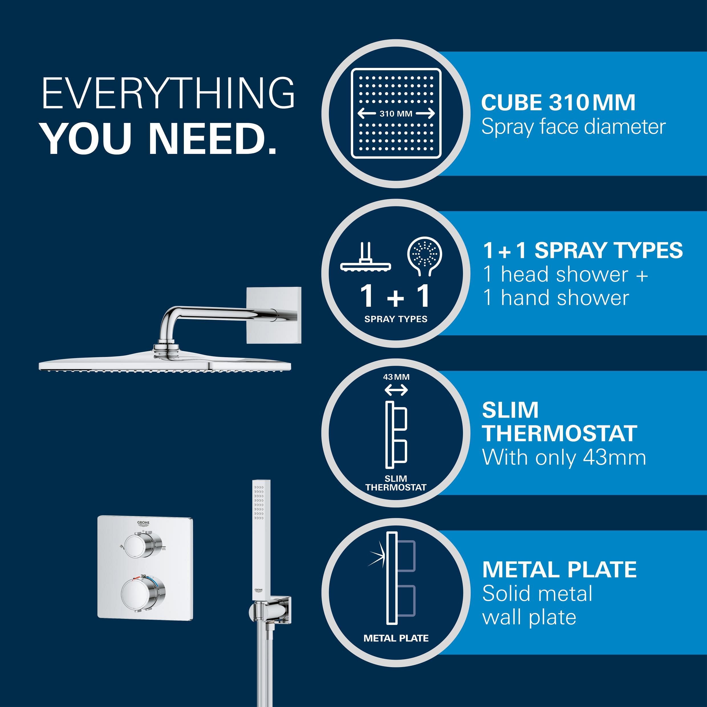 GROHE Precision 310 Sistema de ducha empotrado (ducha mural de 310 mm, 1 barra de ducha, caja de instalación universal, manguera de ducha de 1500 mm), cuadrado, cromo 34881000