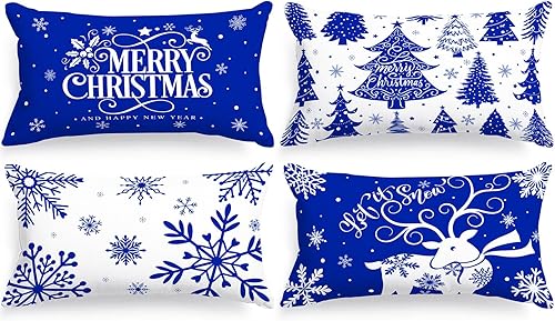 Lanpn Juego de 4 fundas de almohada de madera de Navidad de 12 x 20 pulgadas, decorativas rectangulares largas de 12 x 20 pulgadas, diseño de copo Lanpn Juego de 4 fundas de almohada de madera de Navidad de 12 x 20 pulgadas, decorativas rectangulares largas de 12 x 20 pulgadas, diseño de copo