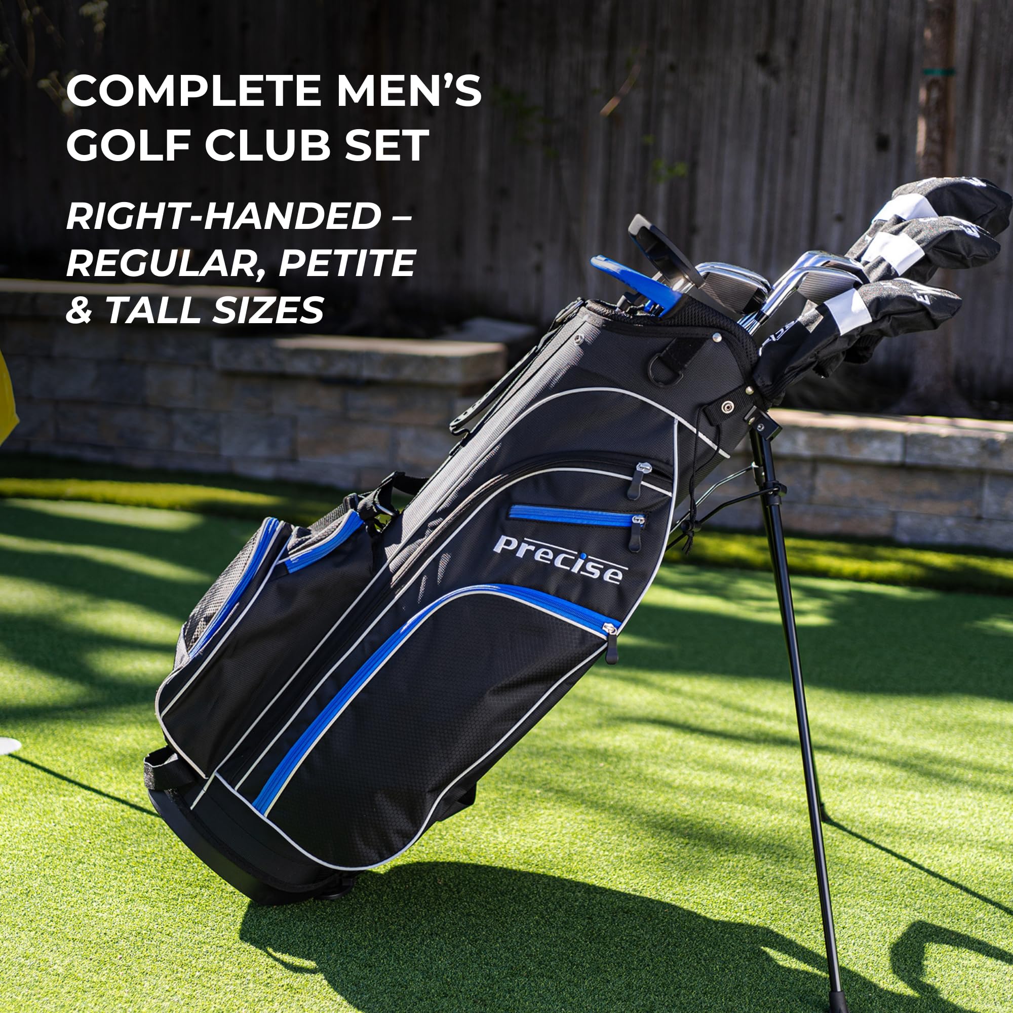 Precise M3 Men's Complete Golf Club Set – Includes Driver, Fairway Wood, Hybrid, 6-PW Irons, Putter, Stand Bag & Headcovers – Right-Handed – Regular, Petite & Tall Sizes