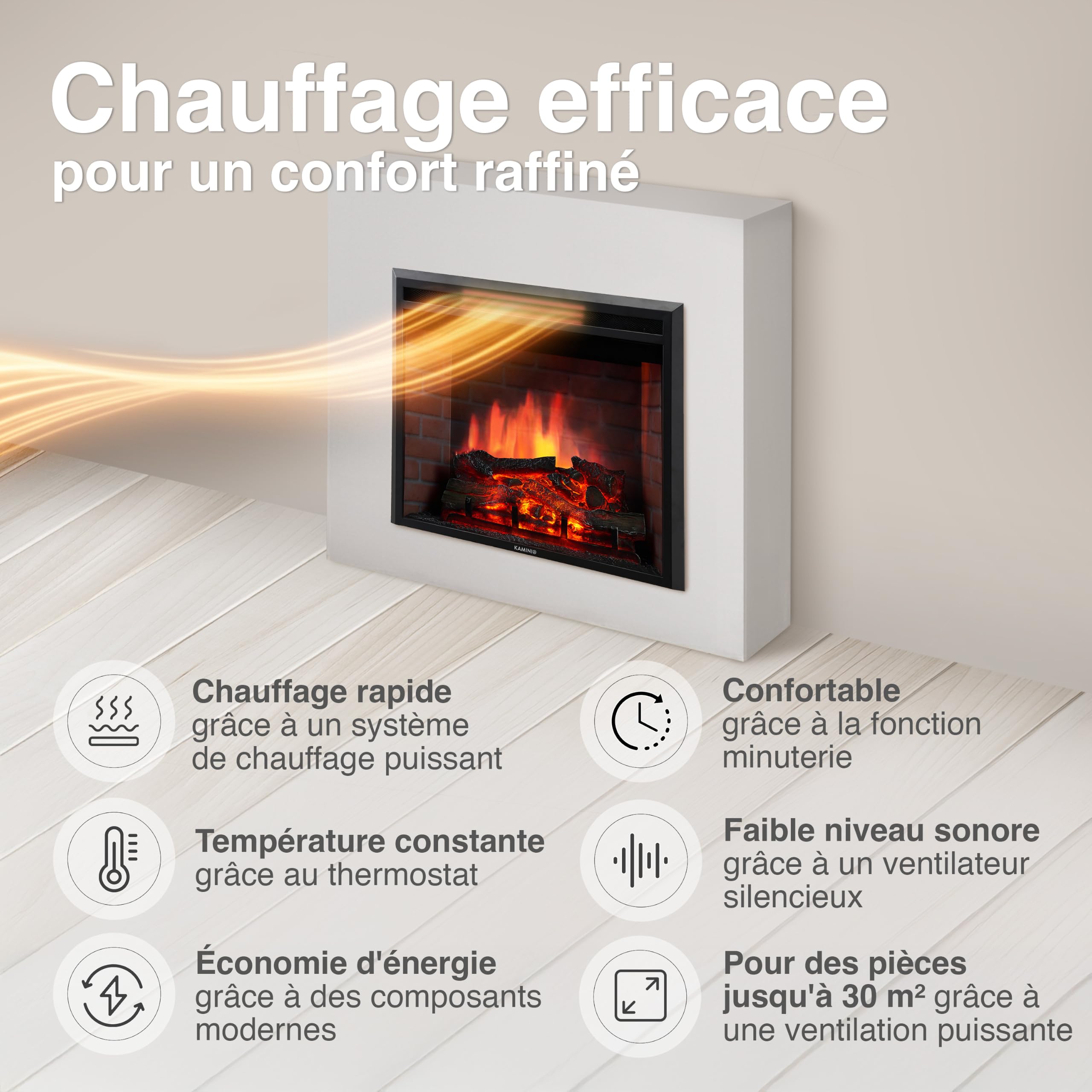 KAMINIO cheminée Electrique LUCA - Cheminée encastrable avec Chauffage, Effet de Flamme 3D, 12 Couleurs de Flammes, télécommande (30 Pouces)