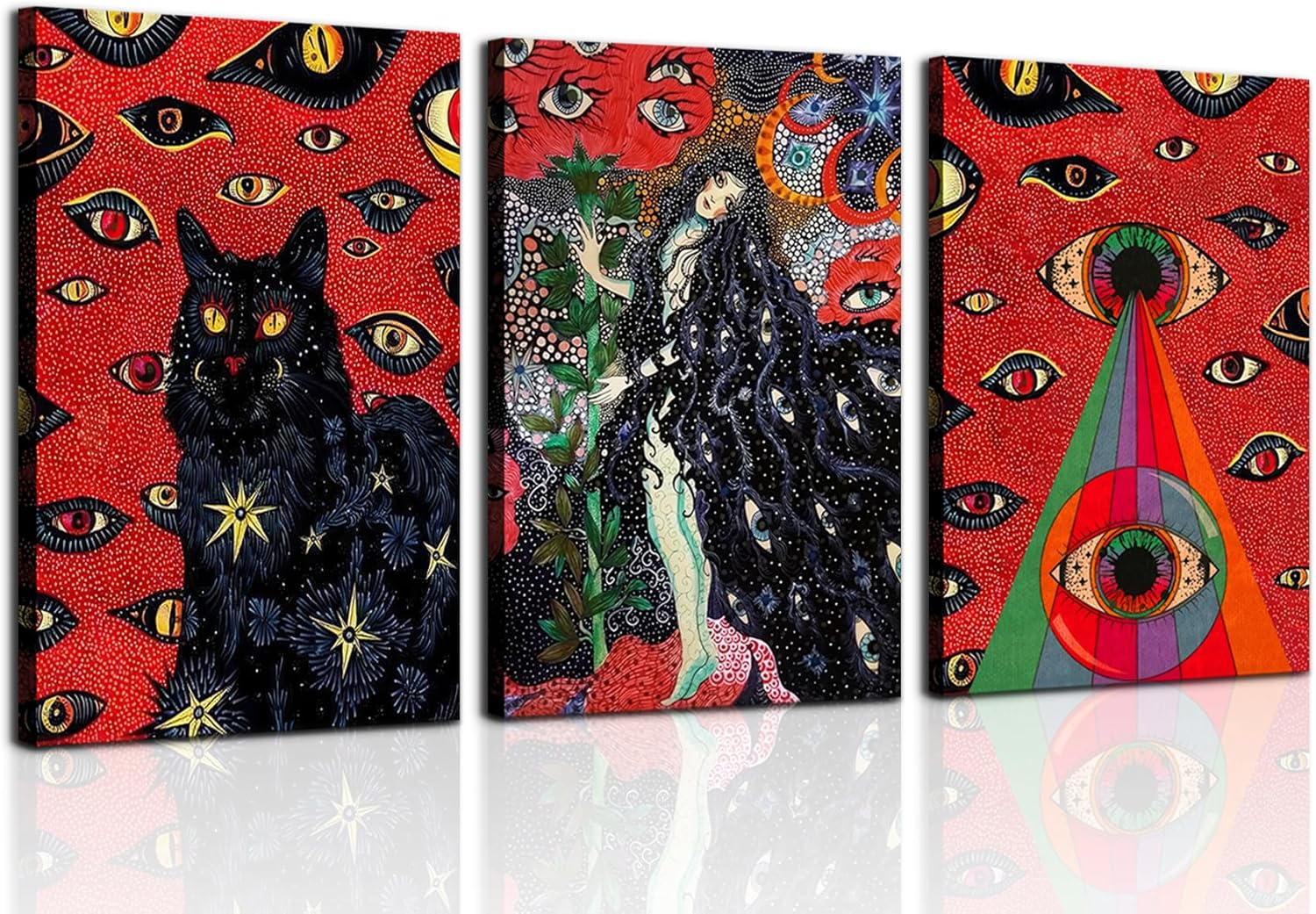Black Cat Canvas Wall Art Framed Set of 3 - Hippie Psychedelic Retro Cool Girl Mystical Eyes Stars Canvas Print Poster Cat Lover Wall Decor Pictures for Bedroom Living Room Teen Dorm 12×16 In