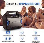 ION Tailgater Boom - Haut-parleur Bluetooth portable extérieur avec micro, FM Radio, USB Port, batterie, IPX5 imperméable, sans fil Stereo-Link, App, 60W