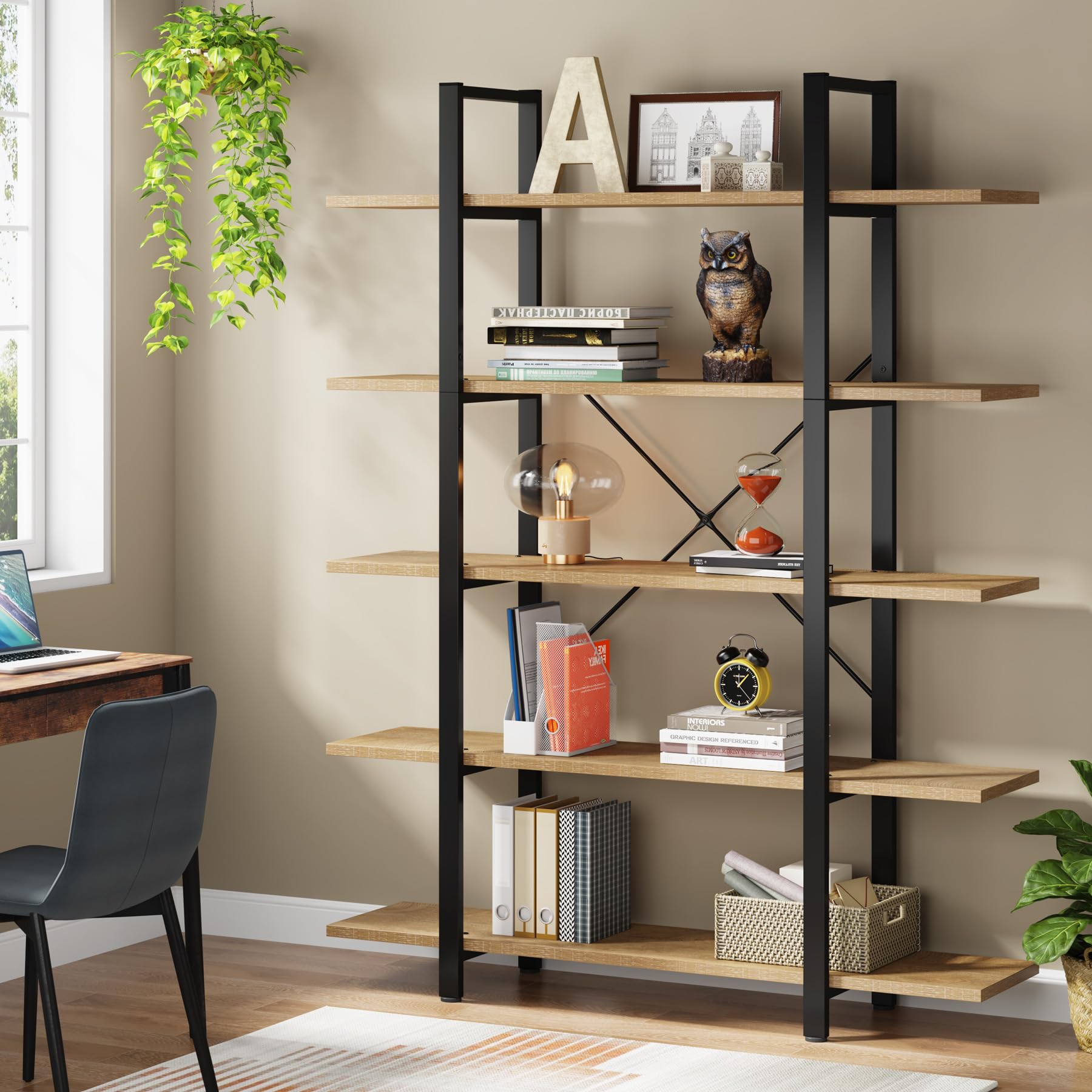 Tribesigns 5-Tier Bookshelf, Vintage Industrial Style Bookcase 72 H x 12 W x 47L Inches (Beige)