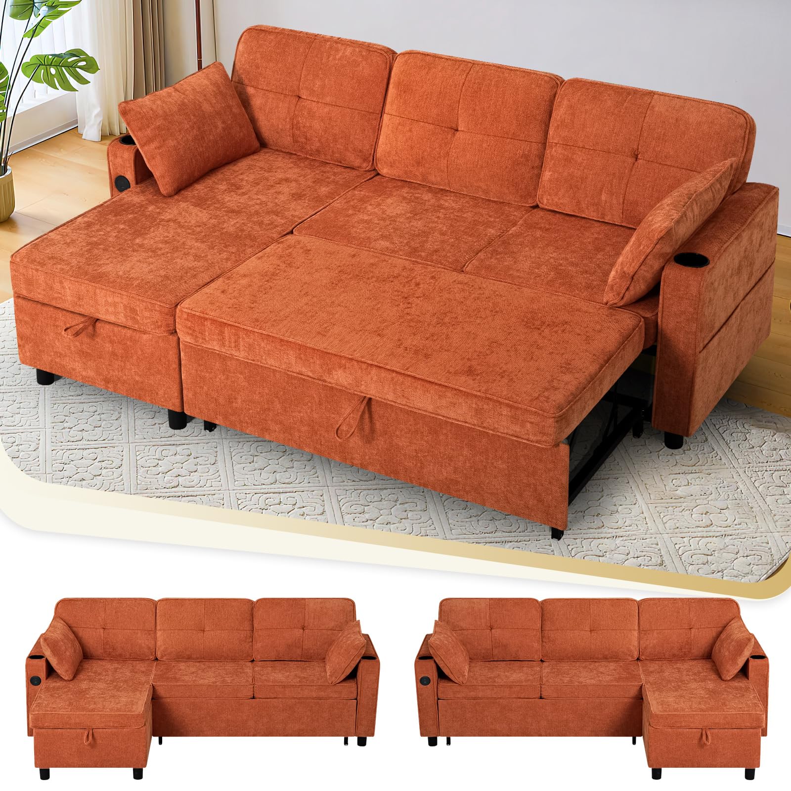  L-Shaped Pull Out Sofa Bed w/Storage Chaise, Tufted Sectional Sofa w/USB Port, Chenille Sleeper Couch w/Cup Holders for Living Room, Orange