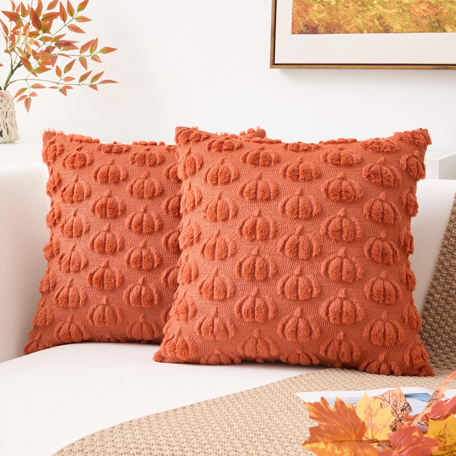 Kevin Textile Fall Pumpkins Pillow Covers 18x18 Inch Set of 2 Cute Autumn Decorative Square Pillowcases Soft Faux Fur Cushions Harvest Gift for Couch