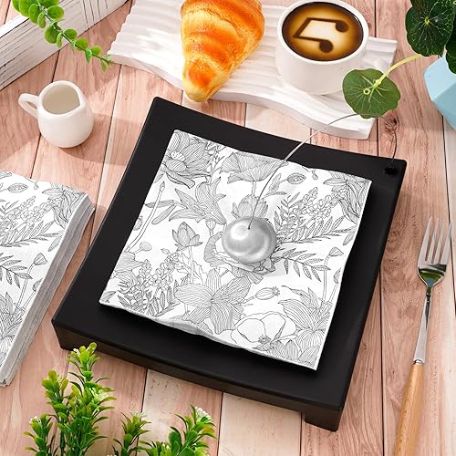 Miniatura 3 de AnyDesign 80 servilletas de papel de flores blancas y negras, servilletas de almuerzo florales salvajes, patrón de dibujo de líneas, servilletas