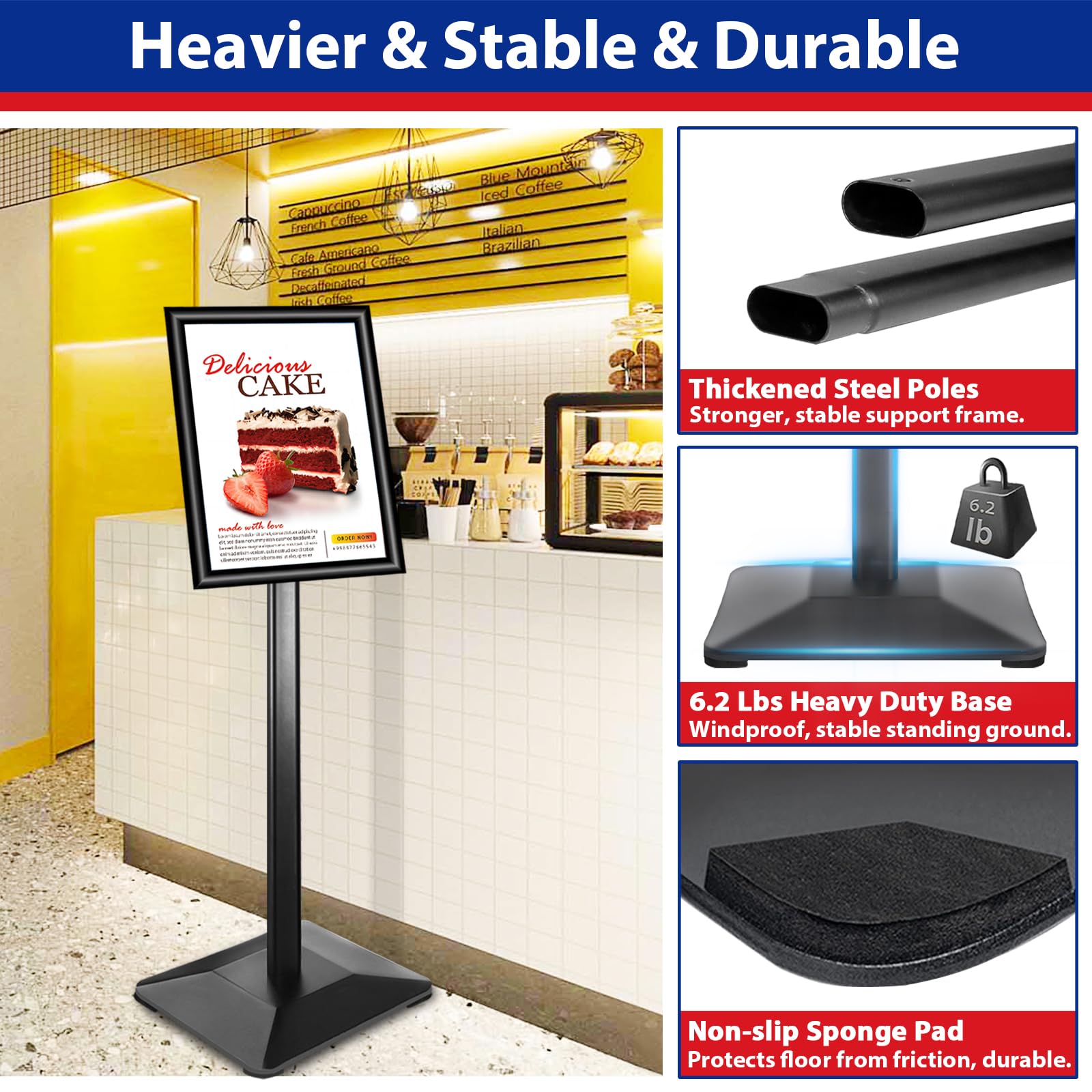 Soporte para letreros de 8.5 x 11 pulgadas, soporte para carteles de pedestal, 3 unidades, soporte ajustable para letreros de suelo con soporte de exhibición resistente para interiores y