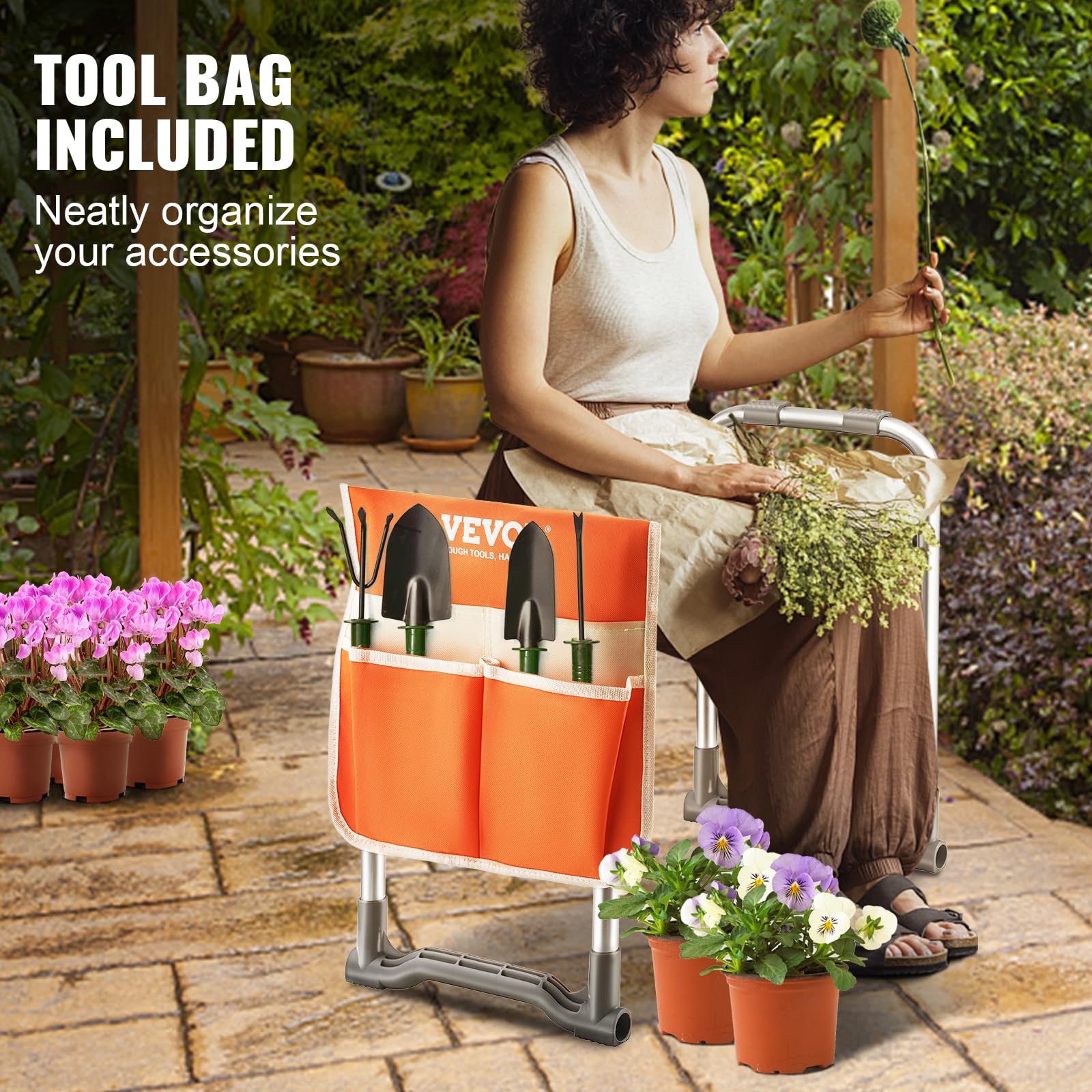 VEVOR Tabouret Agenouilloir de Jardin Coussin Large en EVA 250 mm Banc de Jardinage Pliable Charge 150 kg Siège Polyvalent Confortable avec Sac à Outils pour Jardinage, Grands-parents, Personnes Âgées