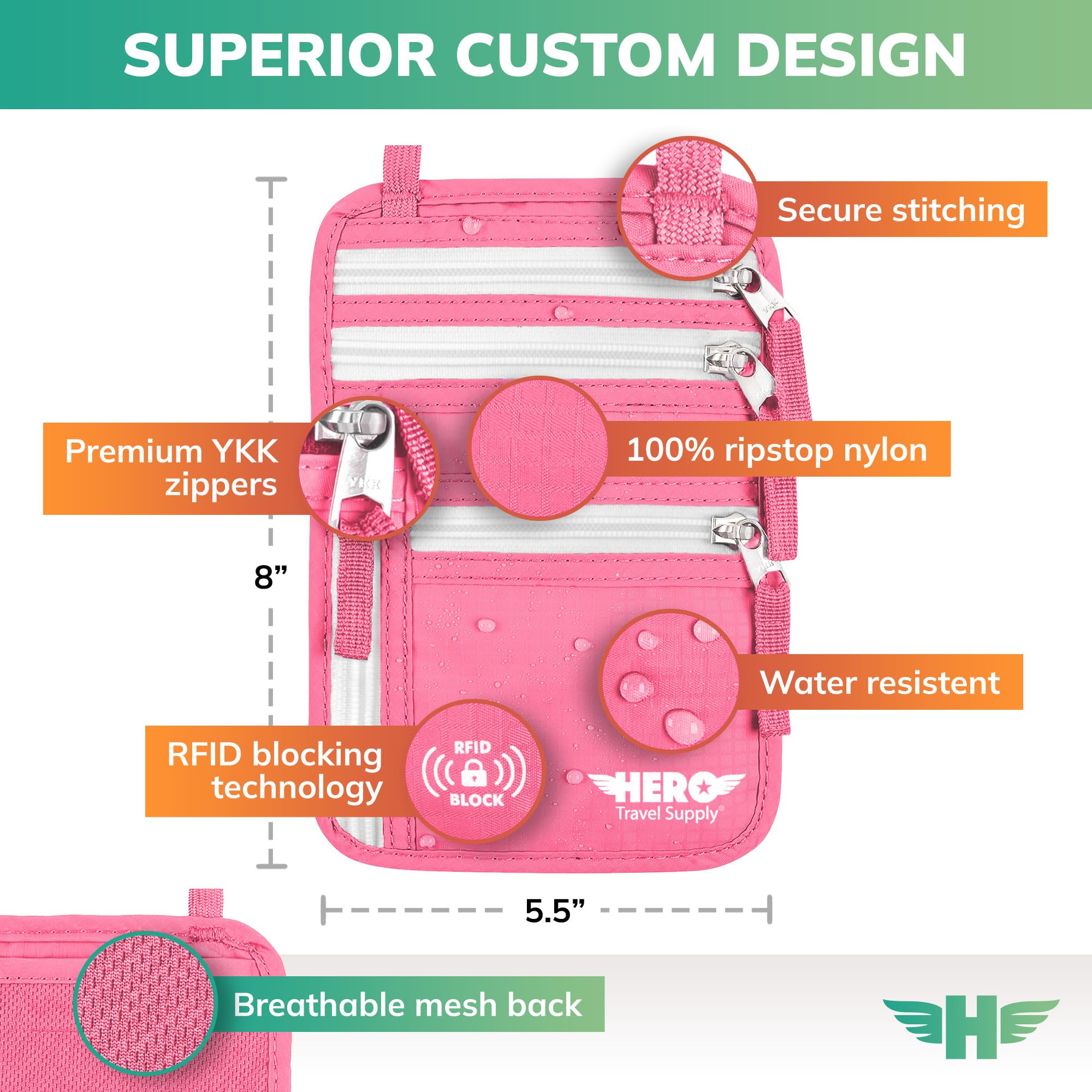 HERO - Cartera para el cuello, soporte para pasaporte con bloqueo RFID, bolsa de viaje fácil de ocultar, Rosa fuerte, 8 x 5.5 x 0.2 inches, Cartera de nailon Ripstop rosa con cuello