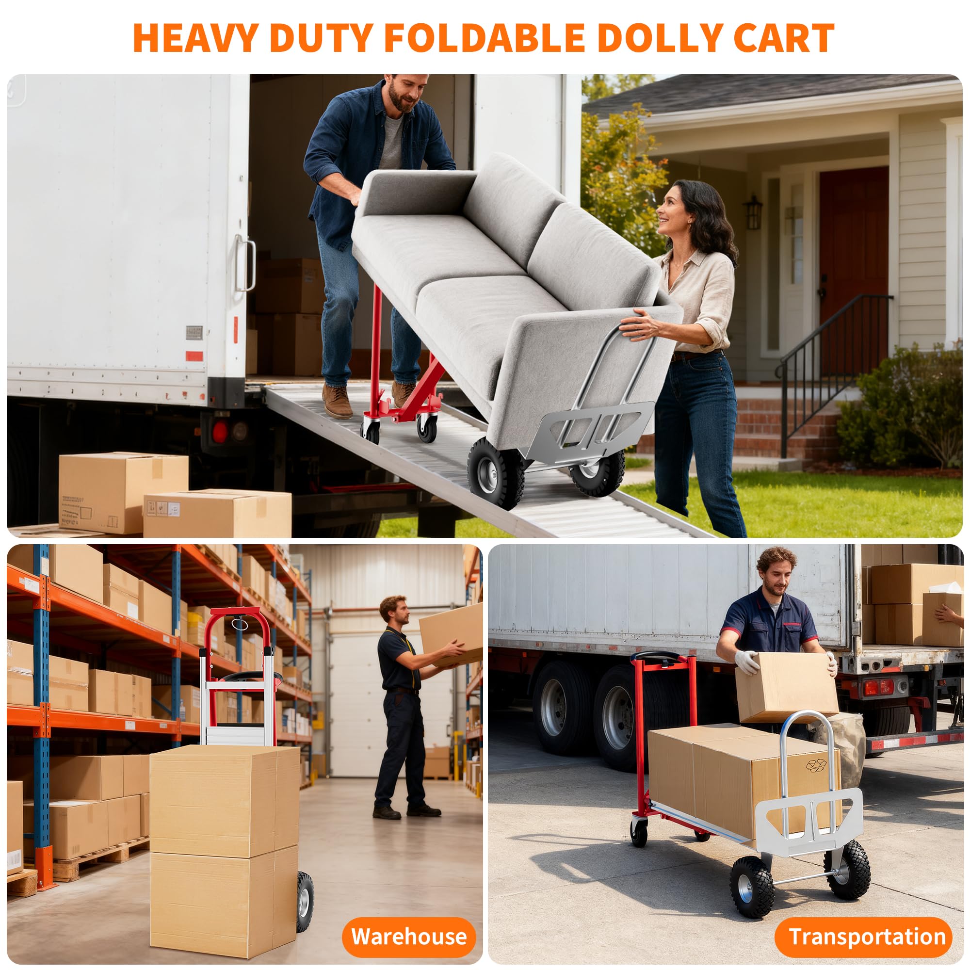 Carrello trasporto pieghevole per impieghi gravosi 3 in 1 Carrello manuale acciaio convertibile capacità carico 350 kg pieghevole ruote antiforatura cinghie elastich ideale magazzino uffici c