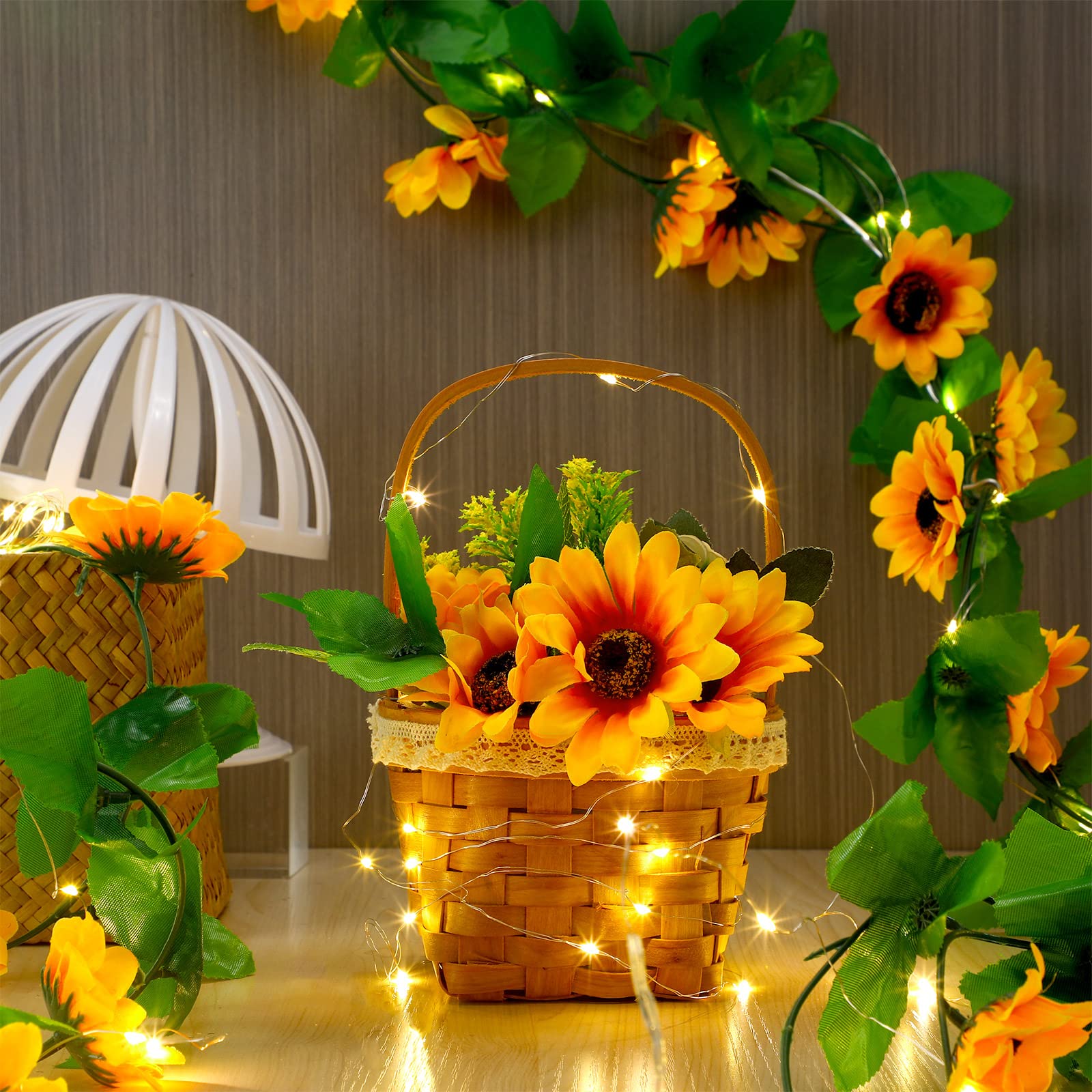 Ghirlanda di girasole artificiale da 10 m con 120 LED con viti finte a forma di girasole in seta, con luci a LED da 12 m, per parete, matrimonio, camera da letto, giardino, feste, confezione da 8