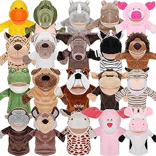 Hiboom 20 Pieces Animal Hand Puppets Kids Hand Puppets with Working Mouth Animal Plush Toy Lion Duck Pig Zoo Hand Animals with Open Movable Mouth for Birthday Theater Props Easter Basket Stuffers