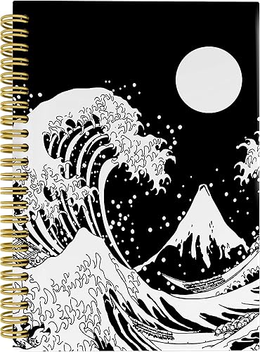 Knibeo Cuaderno japonés con espiral de tapa dura con forro de arte en blanco y negro, 5.5 x 8.3 pulgadas, cuaderno de rayas universitarias para