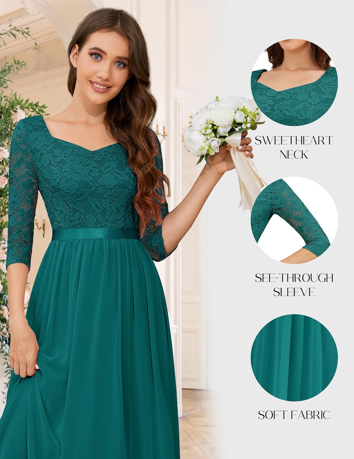 Wedtrend Formal Dresses for Women 3/4 Sleeve Bridesmaid Dress Mother of Bride Dress Maxi Evening Gown Prom Dresses