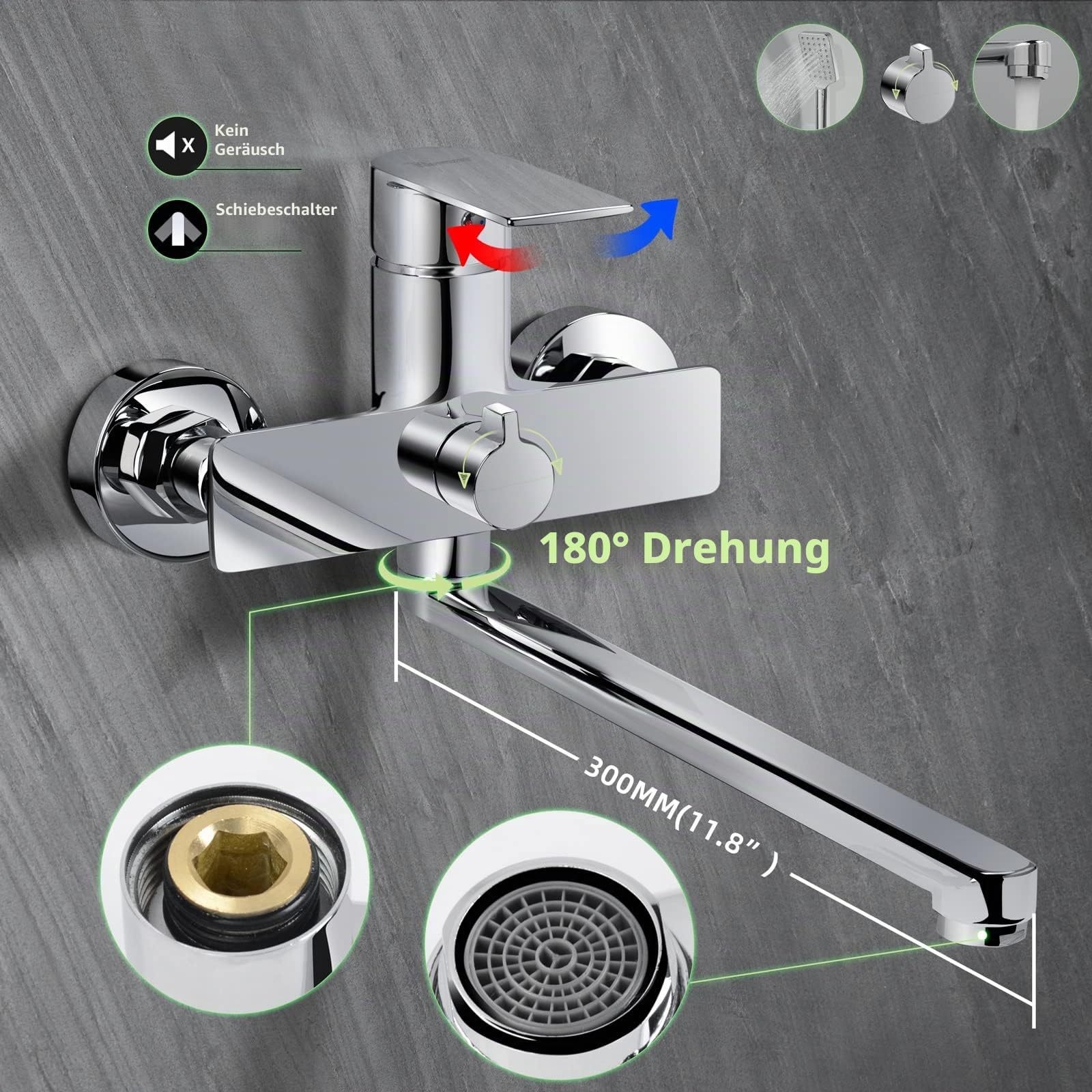 PHASAT Badewannenarmatur mit handbrause Wannenbatterie Badarmatur Auslauf Messing Einhand Wannenbatterie Badarmatur PTBC08E