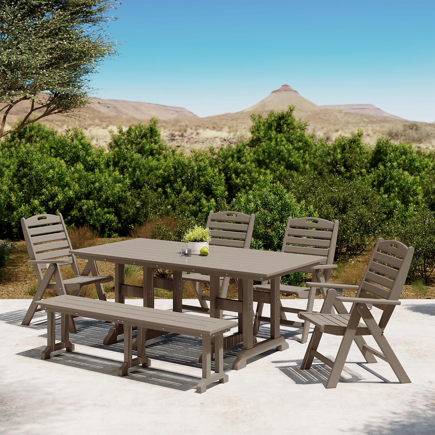 Outdoor Adjustable Highback Folding Patio Dining Chair, HDPE Armrest Poly Lumber Restaurant Bistro Dining Chair for Outside Porch Backyard Garden, Weathered Wood image 2