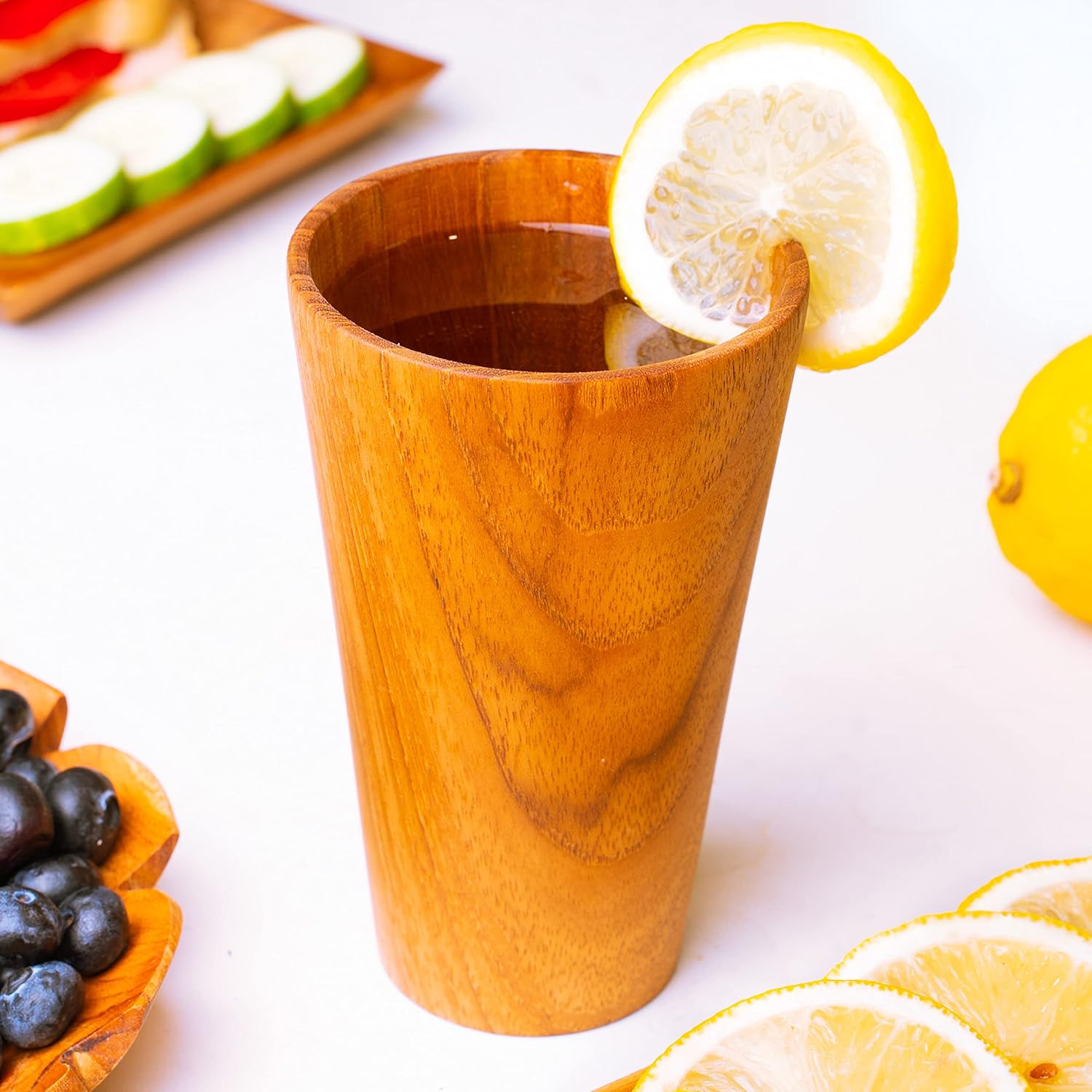 Rainforest Bowls Set of 2 Tall Straight Sided Javanese Teak Wood Cup- 350ml (12 oz)- Great for Tea/Coffee/Milk, Hot & Cold Drinks- Ultra-Durable- Premium Wooden Cup Handcrafted by Indonesian Artisans