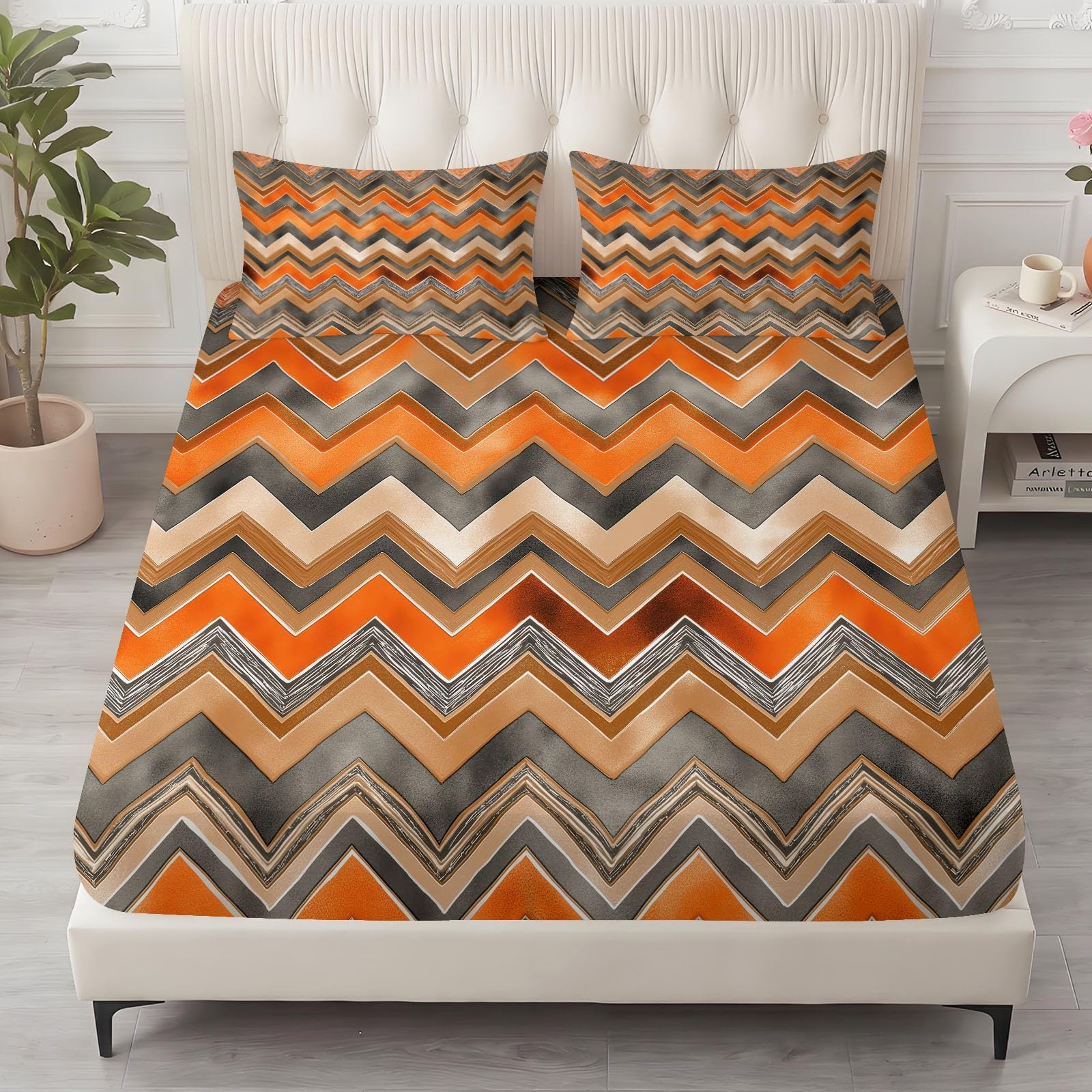 Juego de sábanas bajeras ajustables de 3 piezas, 160 x 200 cm, diseño geométrico bohemio, de microfibra, suave, con 2 fundas de almohada de 80 x 80 cm, colchones de hasta 30 cm
