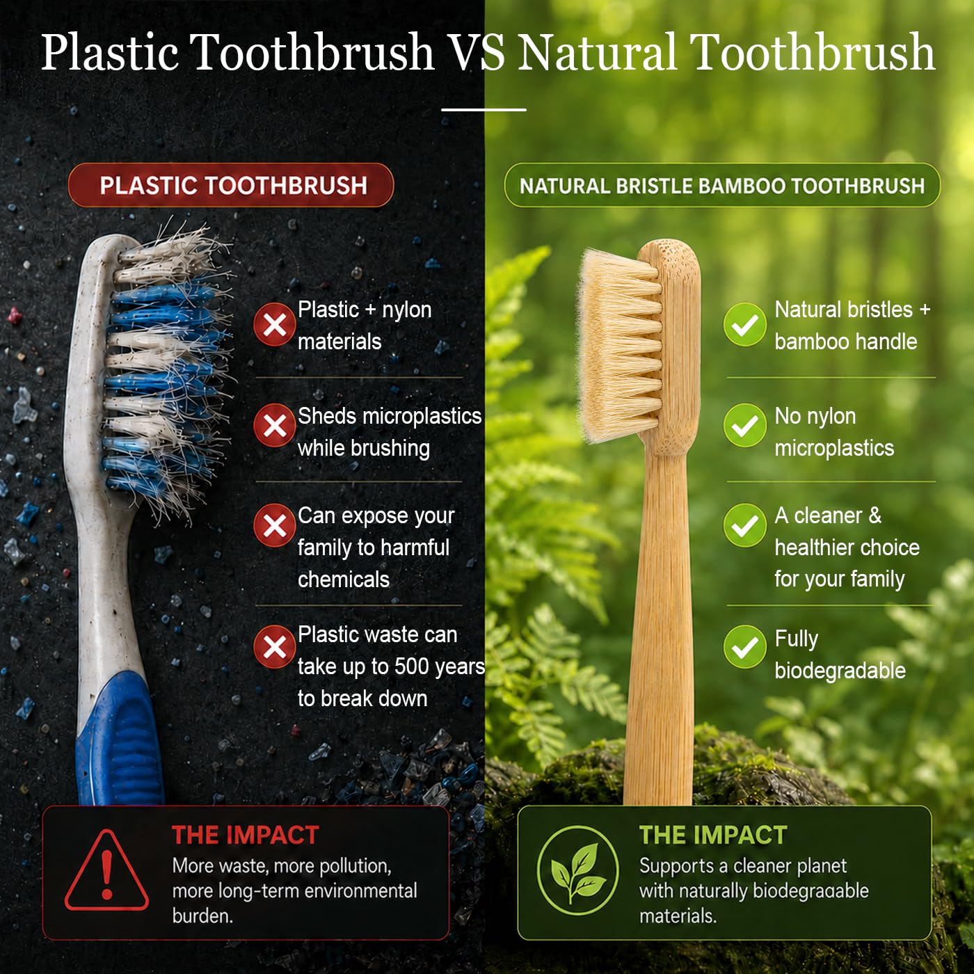 Cepillo de dientes de cerdas de jabalí natural, mango de bambú, sin nailon, manual, para adultos y familia, paquete de 6 (mediano)