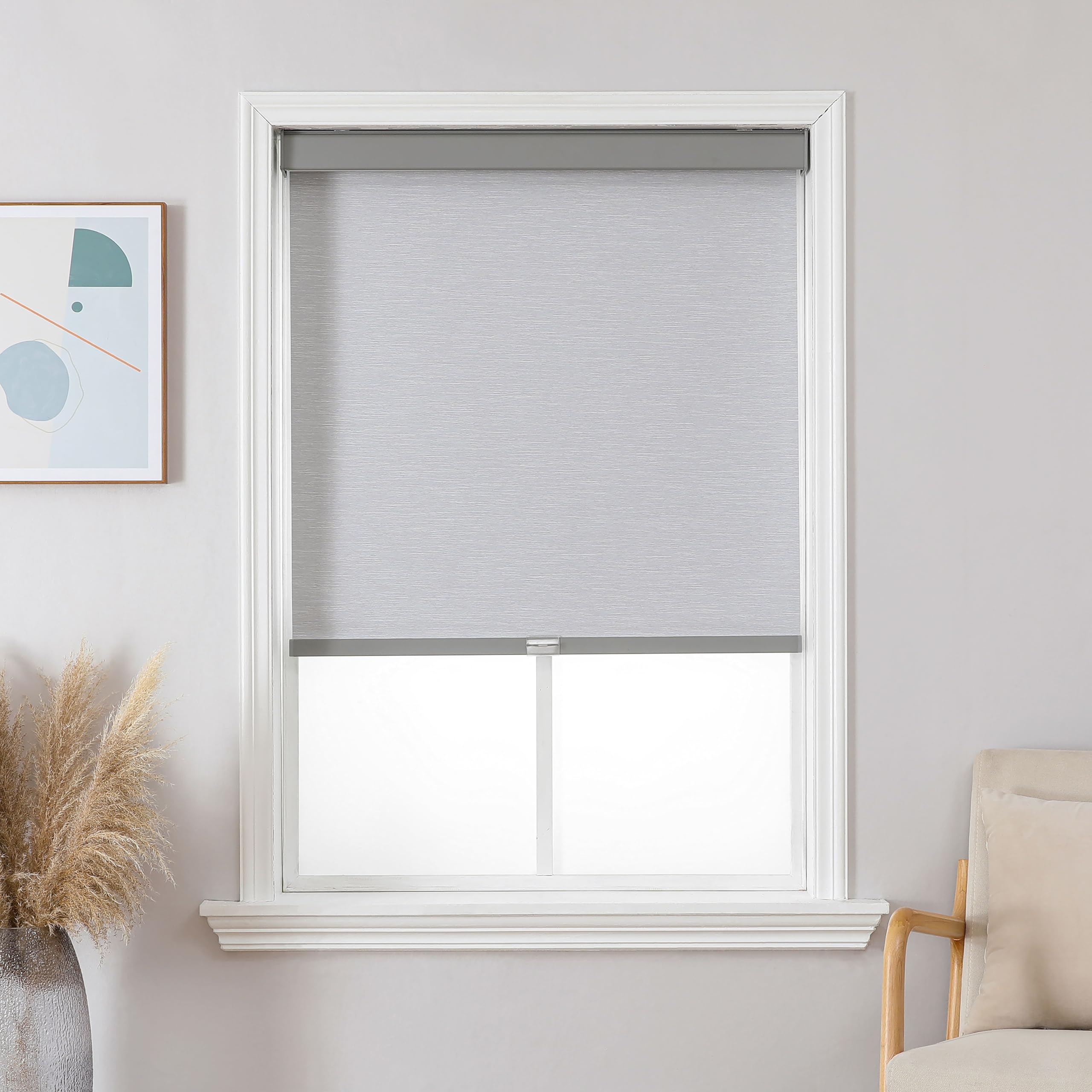 Joydeco 100% Blackout Roller Shades Cordless Blinds for Windows, Free-Stop Shades, UV Protection, Natural Woven Blinds for Home and Office, Light-Proof Aluminum Cover (Gray, 57" W x 75" H)
