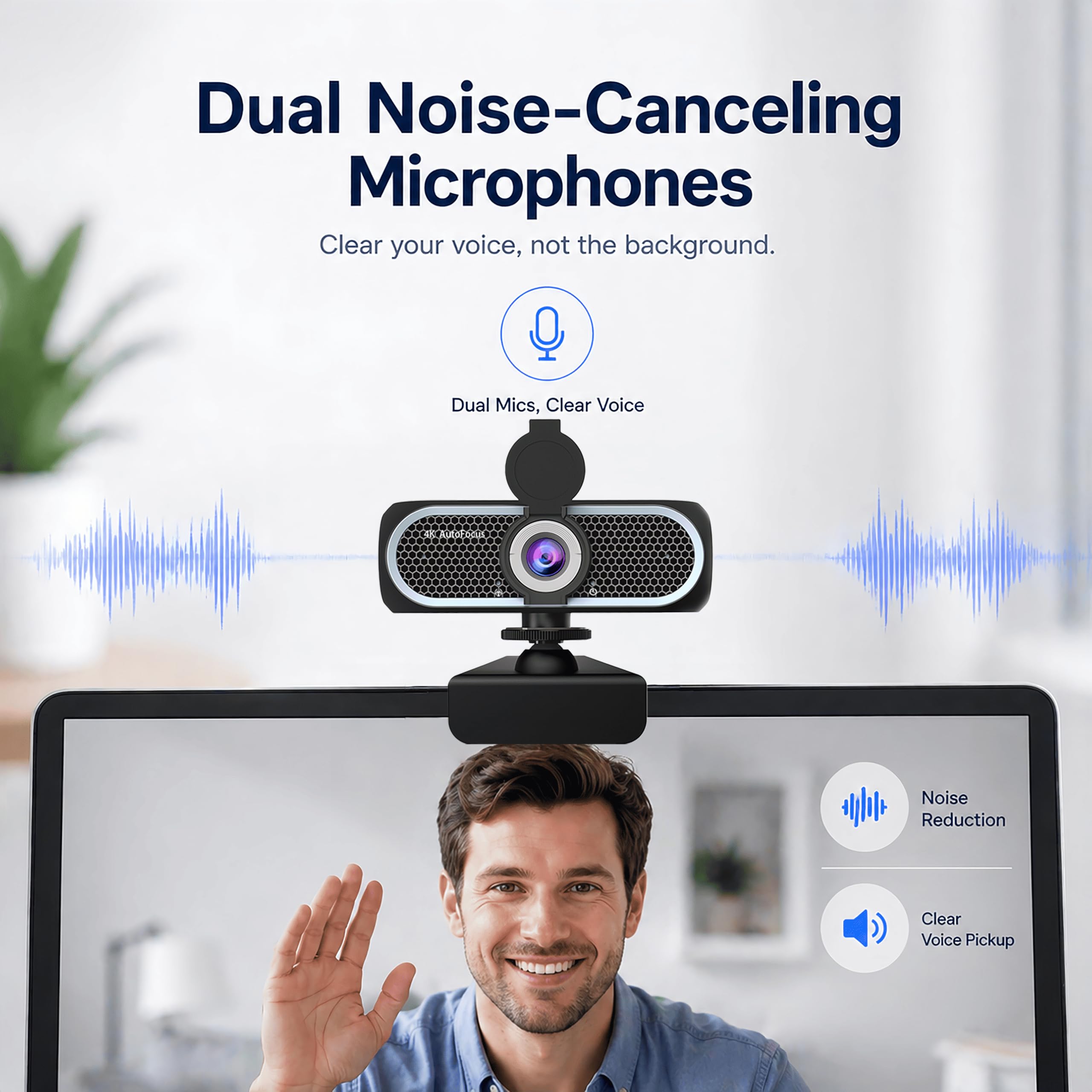 Cámara web de enfoque automático 4K para PC y portátil, cámara USB Plug & Play con micrófonos duales que reducen el ruido, mejora de poca luz, obturador de privacidad, compatible con trípode