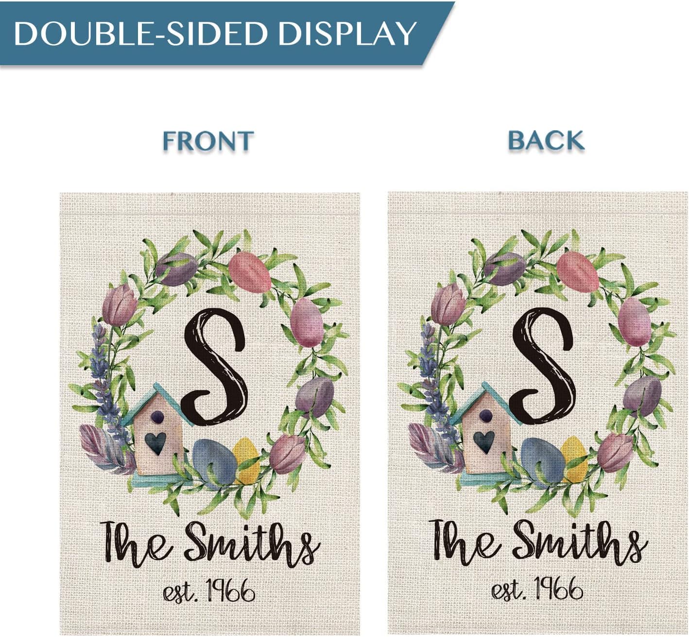 SMILE Personalized Spring House Flag, Summer Custom Monogram Initial Family Last Name Established Year Wreath, Double Sided 28 x 40 Inch Rustic Farmhouse Burlap Yard Outdoor Decoration