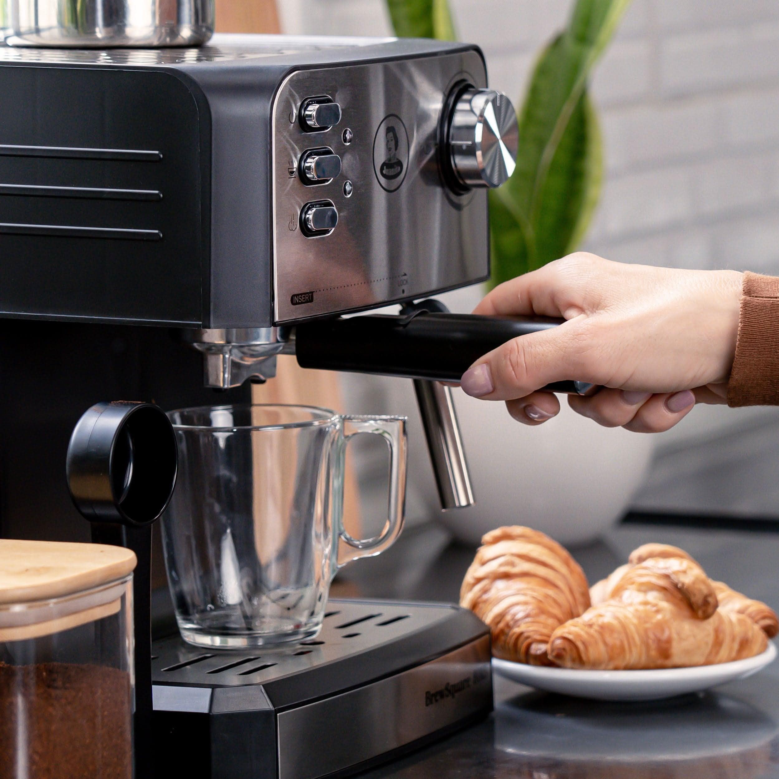 Juanita Brewsquare Macchina Caffè 850W, Macchina Caffe Cialde 20Bar, Coffe Machine 1.6L, Doppia Uscita, Braccio Vaporizzato, Macchinetta Caffe Inox per Espresso e Capuccino, Include Accessori