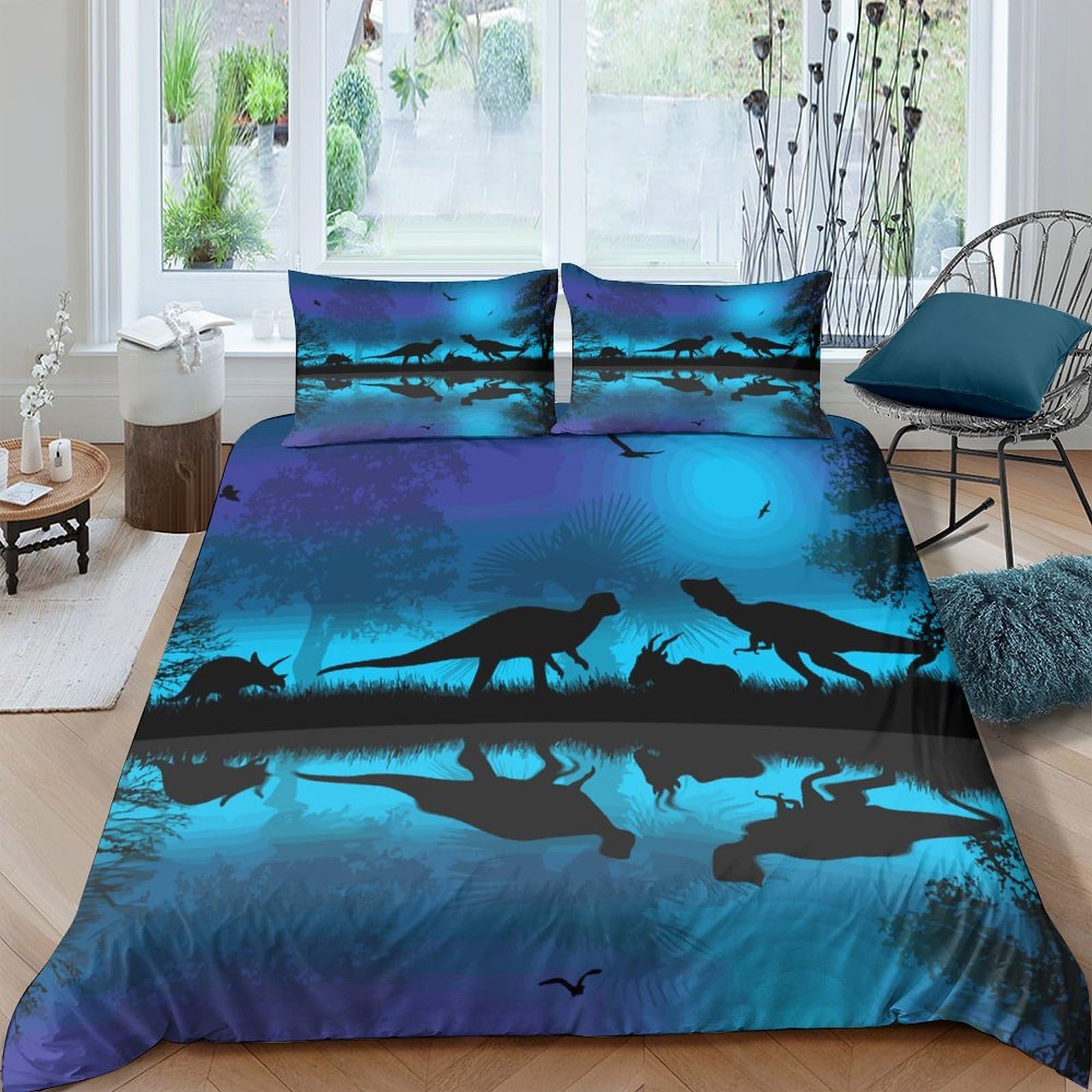 P5V6M1Q9 3D Printed Blue Dinosaur Duvet Cover Microfiber Soft Breathable Night Landscape Bedding Set with 2 Pillowcases for Bedroom Home Single（135x200cm）