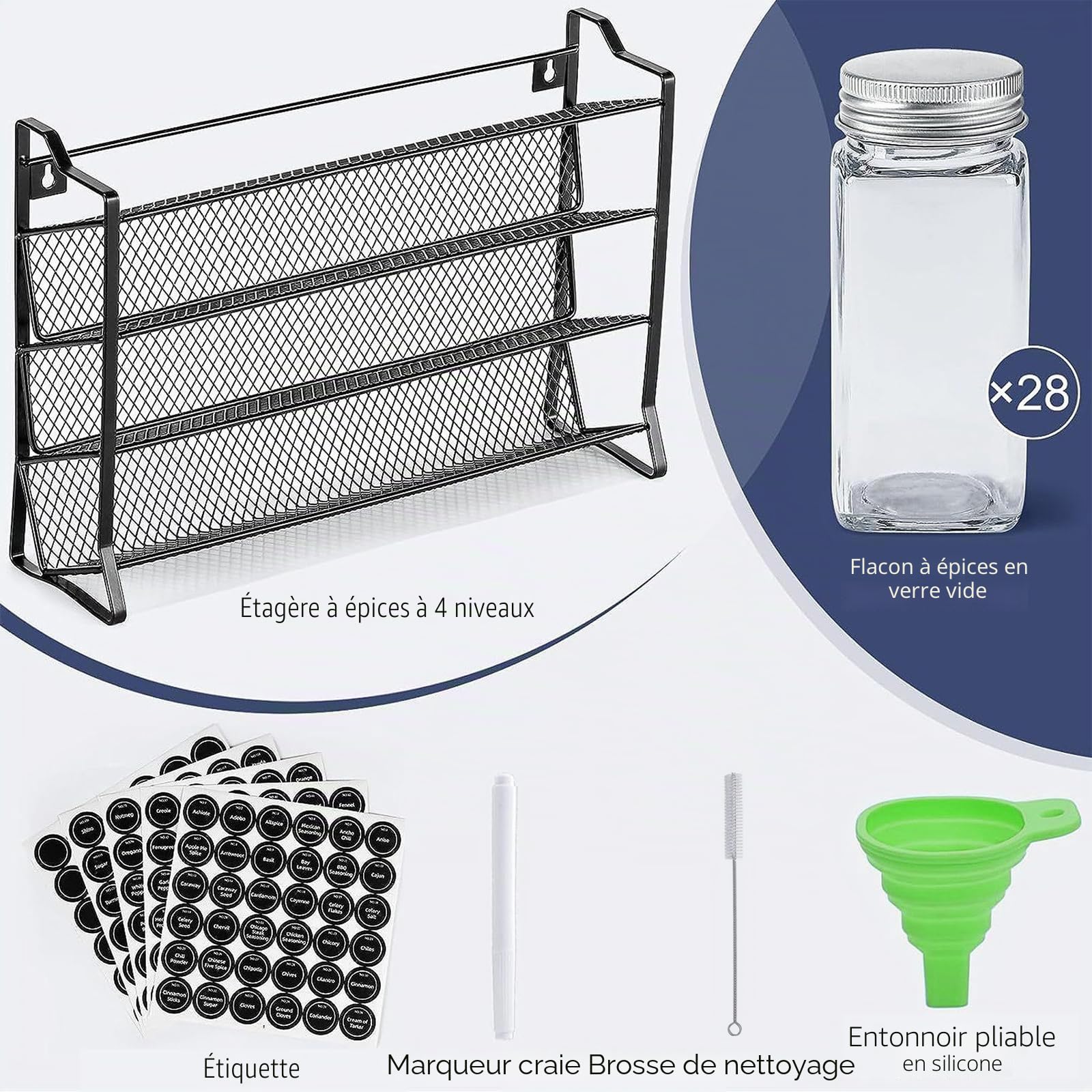 Generisch JAR ROCK-4 Étagère à épices debout et murale avec 28 pots à épices et 180 étiquettes à épices Organiseur pour cuisine, plan de travail, armoire, garde-manger
