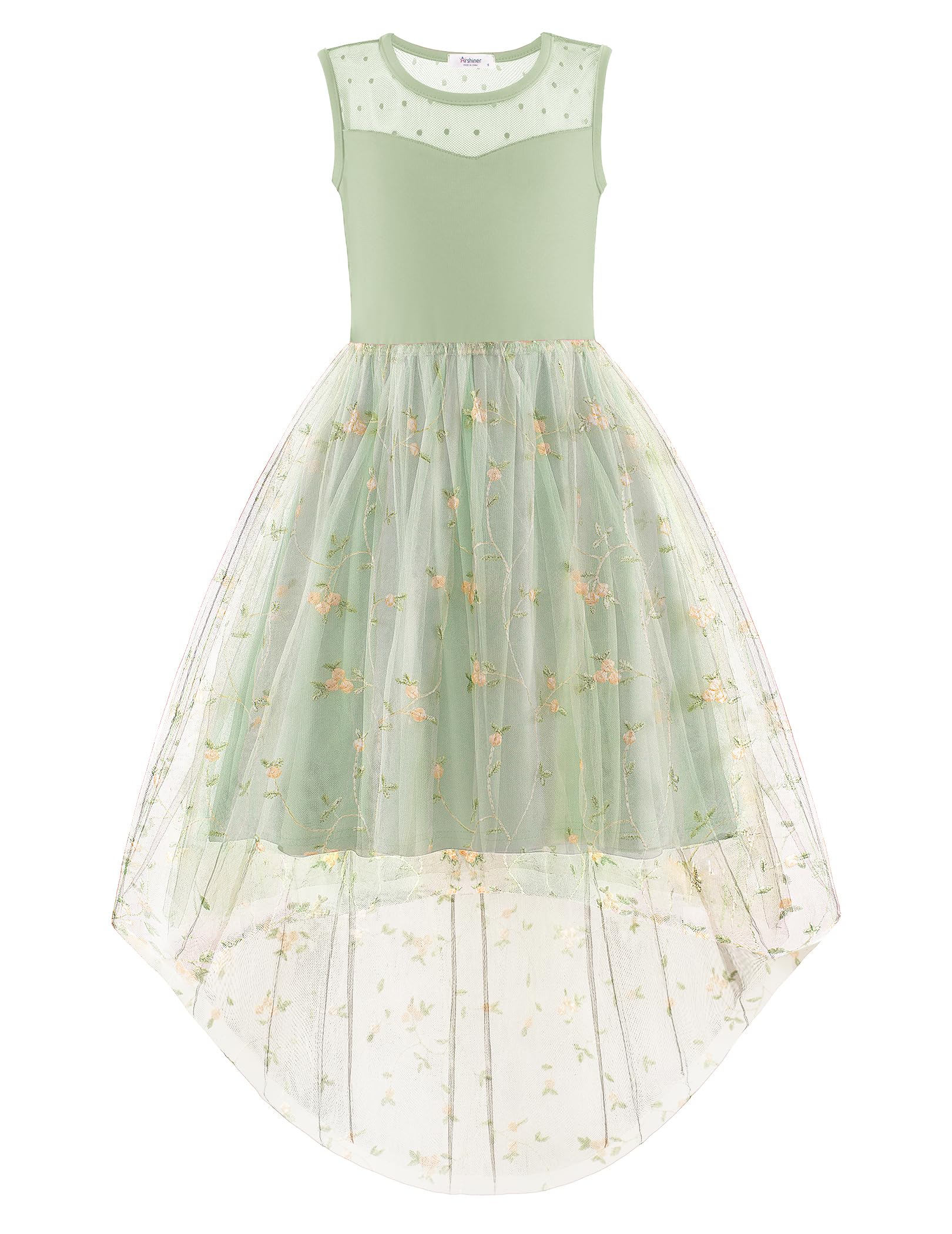 Arshiner Girls Dresses Formal Party Wedding Tulle Sleeveless Contrast Mesh High Low Dress with Belt