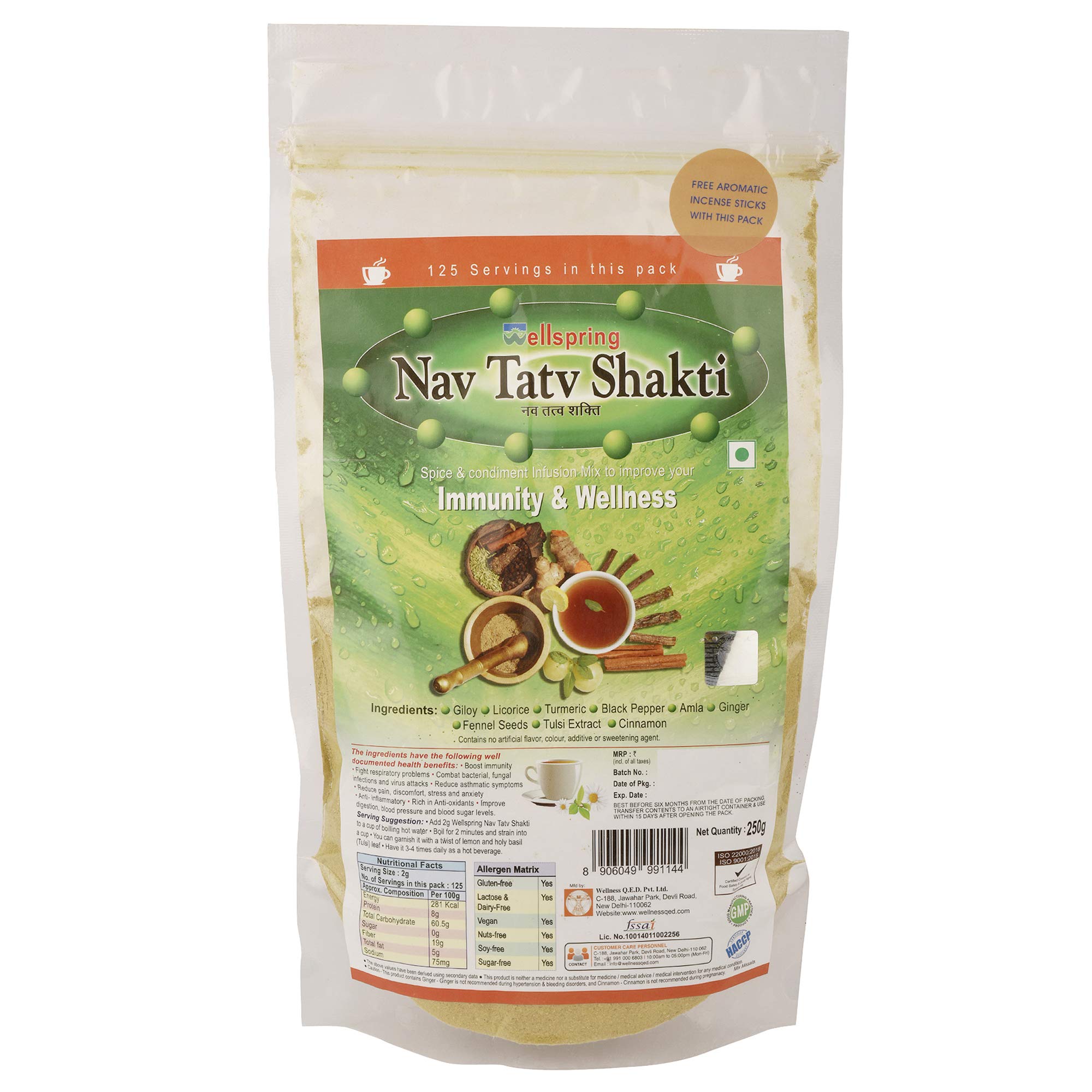 Wellspring Immunity Booster Kadha/Tea Powder Nav Tat Shakti (250g Pouch) - Spice and Condiment Infusion Mix , Contains -Giloy, Tulsi Extract, Amla, Ginger, Use as a Tea/Ayurvedic Kadha