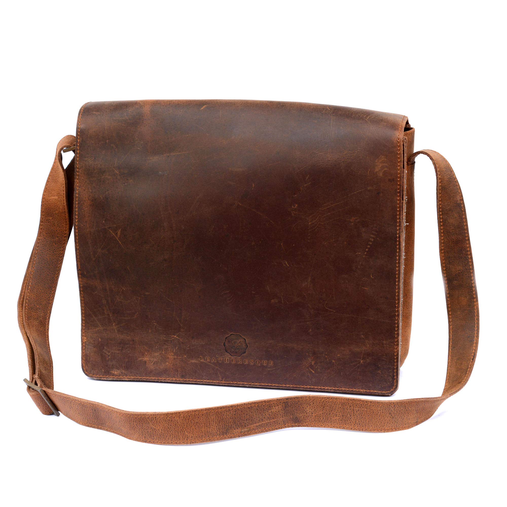 L LEATHERESQUE Chelsea Handmade Genuine Leather Crossbody Laptop Messenger Shoulder Bag 14 inch Satchel for Men and Women Crazy Horse Distressed Vintage Brown