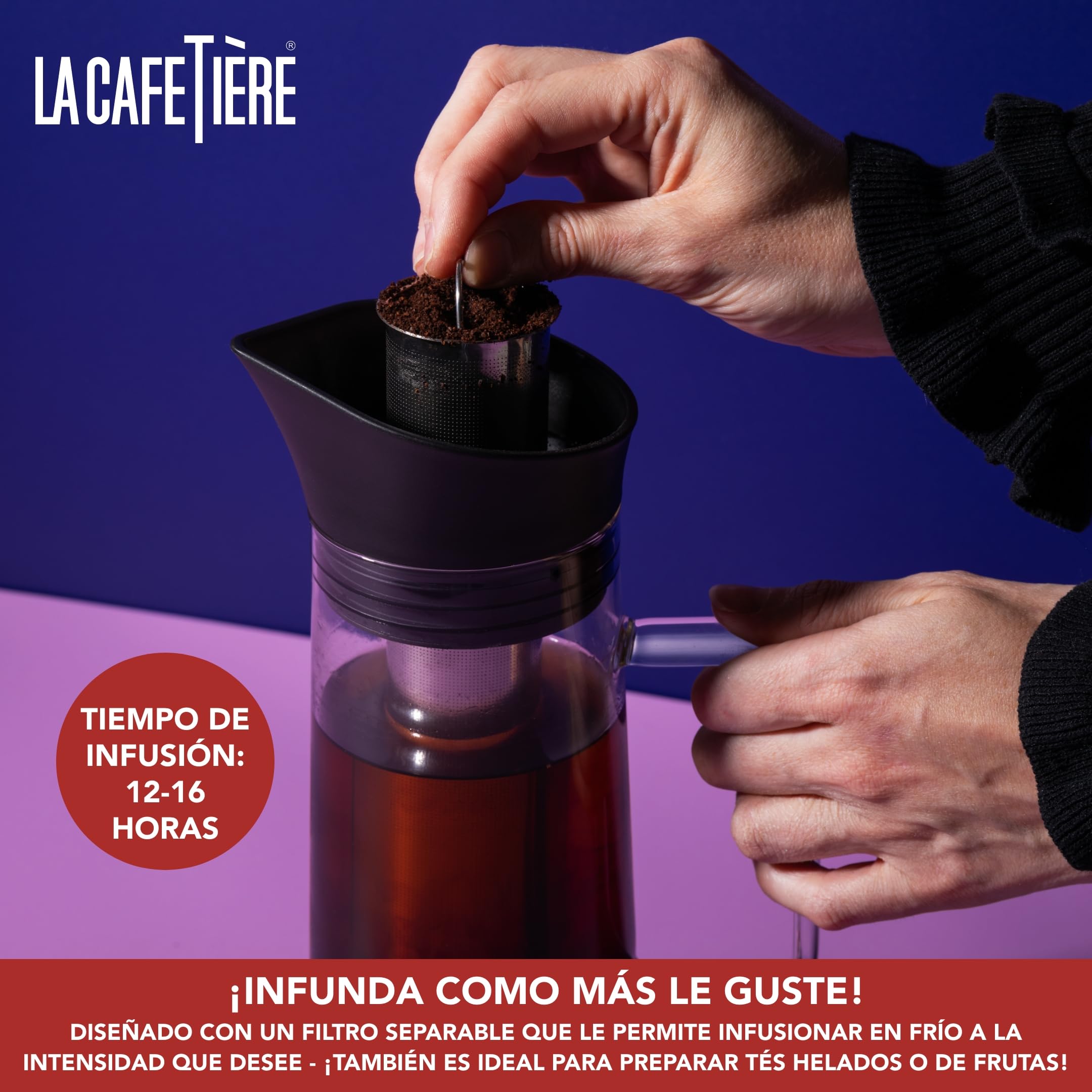 La Cafetière Cafetera de infusión en frío con filtro de malla, apta para lavavajillas, tapa con pico para jarra, recipiente para café helado, té helado, bebidas de frutas caseras, 1 l