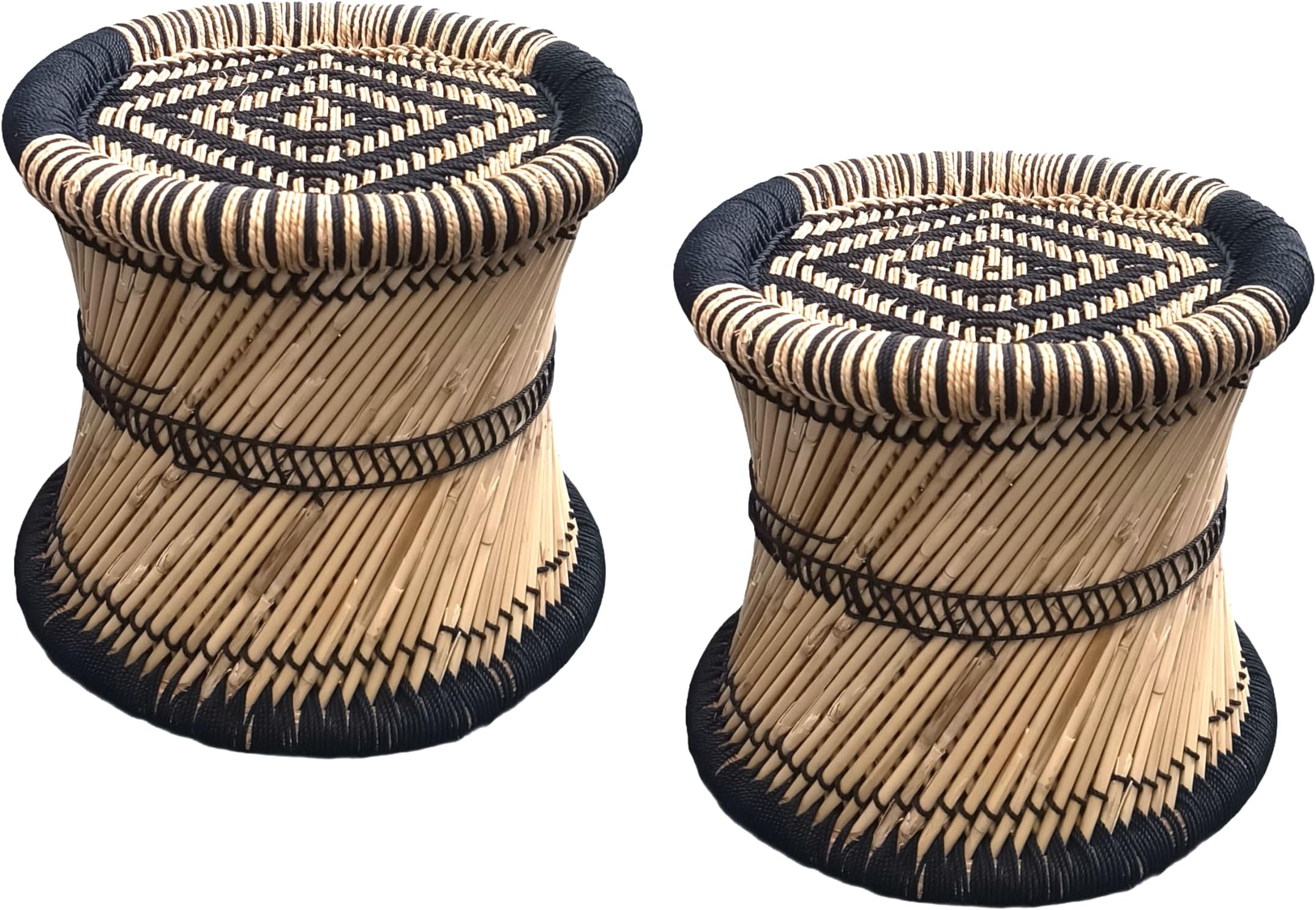 Pure Handmade Bamboo (SARKANDA) mudda Stool/Chair for Living Room/Office/Home/Indoor/Outdoor Garden | Beige & Black (Set of 2) 14x13 Inches