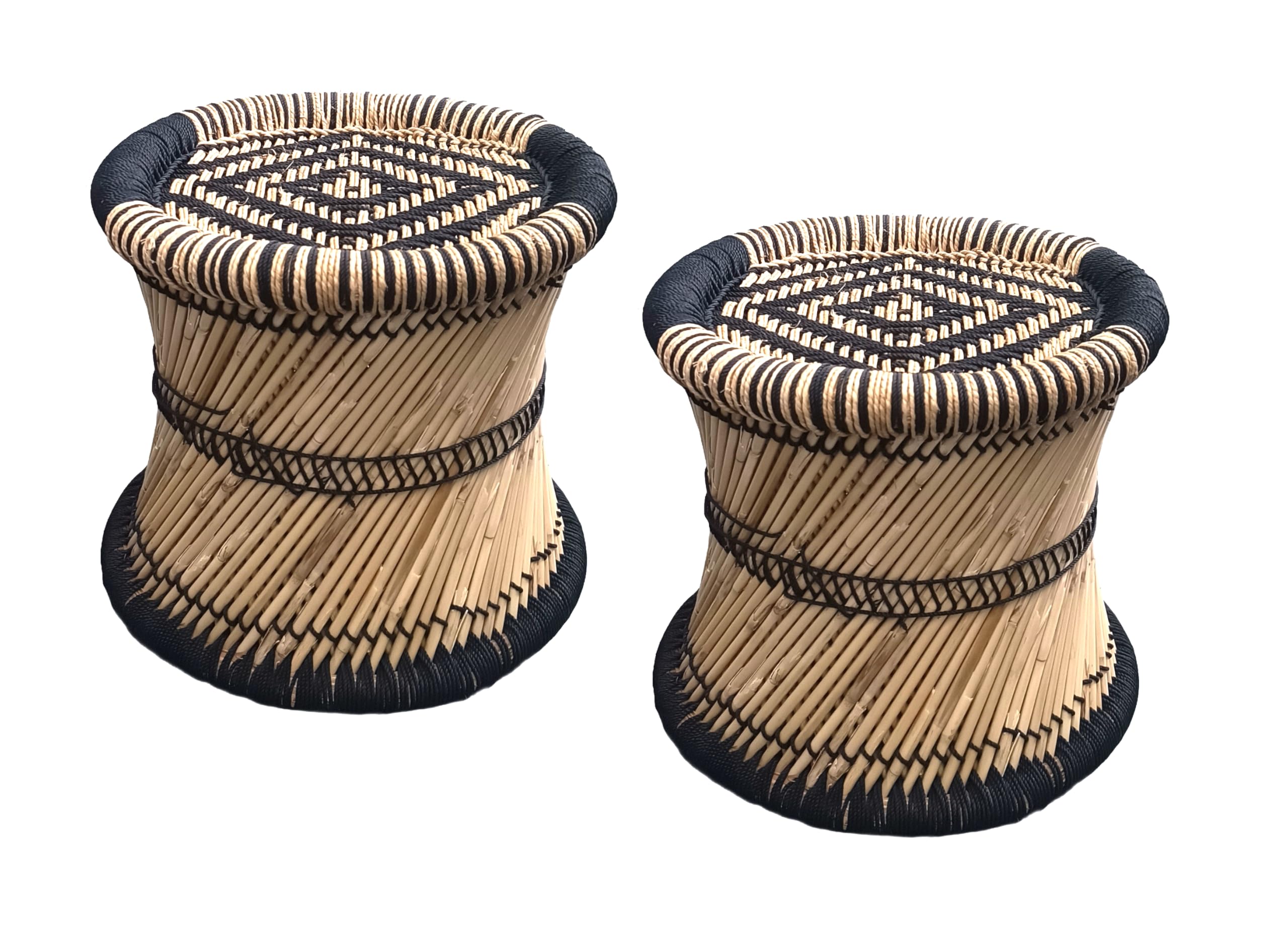 eGharonda Pure Handmade Bamboo (SARKANDA) mudda Stool/Chair for Living Room/Office/Home/Indoor/Outdoor Garden | Beige & Black (Set of 2) 14x13 Inches