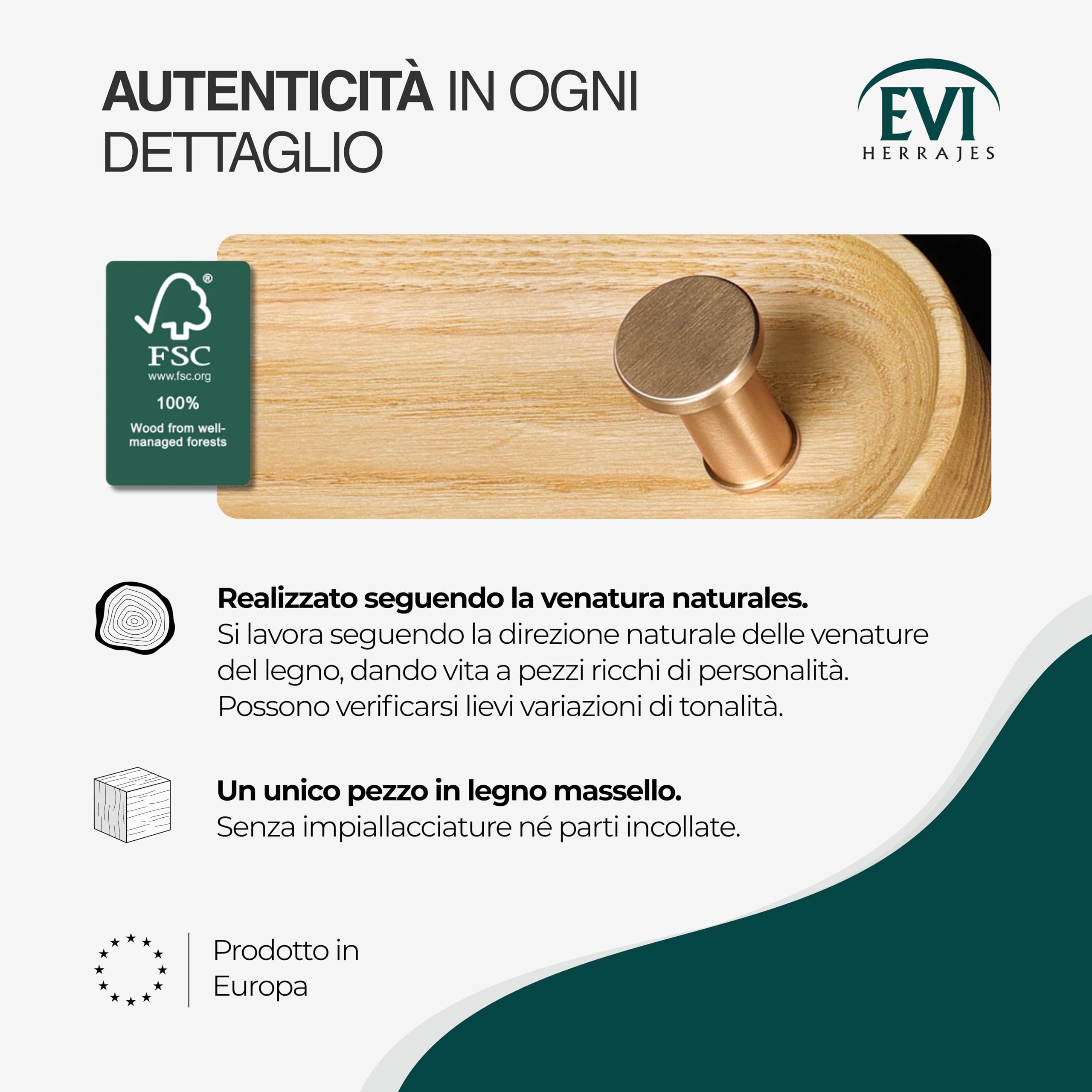 EVI Herrajes | Appendiabiti da parete a 2 ganci | Legno massello di frassino | Ganci in ottone satinato | Kit di montaggio incluso | Mod. Cova 2CFRLMT